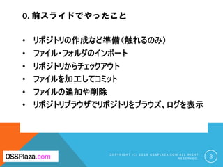 0. 前スライドでやったこと
• リポジトリの作成など準備（触れるのみ）
• ファイル・フォルダのインポート
• リポジトリからチェックアウト
• ファイルを加工してコミット
• ファイルの追加や削除
• リポジトリブラウザでリポジトリをブラウズ、ログを表示
C O P Y R I G H T ( C ) 2 0 1 9 O S S P L A Z A . C O M A L L R I G H T
R E S E R V E D . 3OSSPlaza.com
 