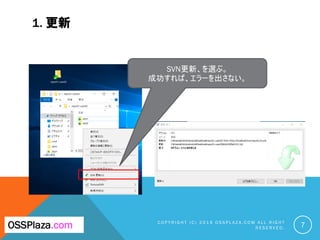 1. 更新
C O P Y R I G H T ( C ) 2 0 1 9 O S S P L A Z A . C O M A L L R I G H T
R E S E R V E D . 7
SVN更新、を選ぶ。
成功すれば、エラーを出さない。
OSSPlaza.com
 