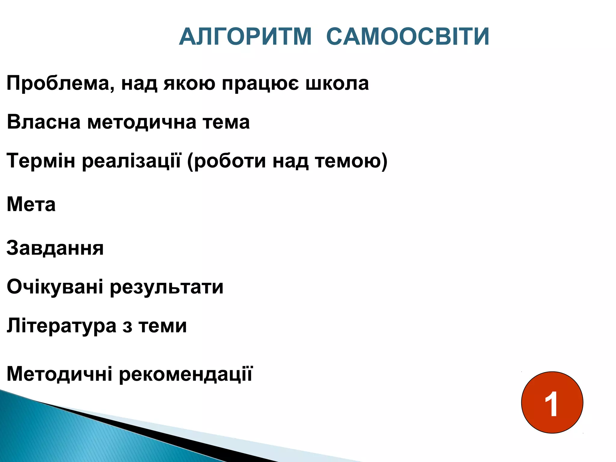 Проблема, над якою працює школа
Власна методична тема
Термін реалізації (роботи над темою)
Мета
Завдання
Очікувані результати
Література з теми
Методичні рекомендації
АЛГОРИТМ САМООСВІТИ
1
 