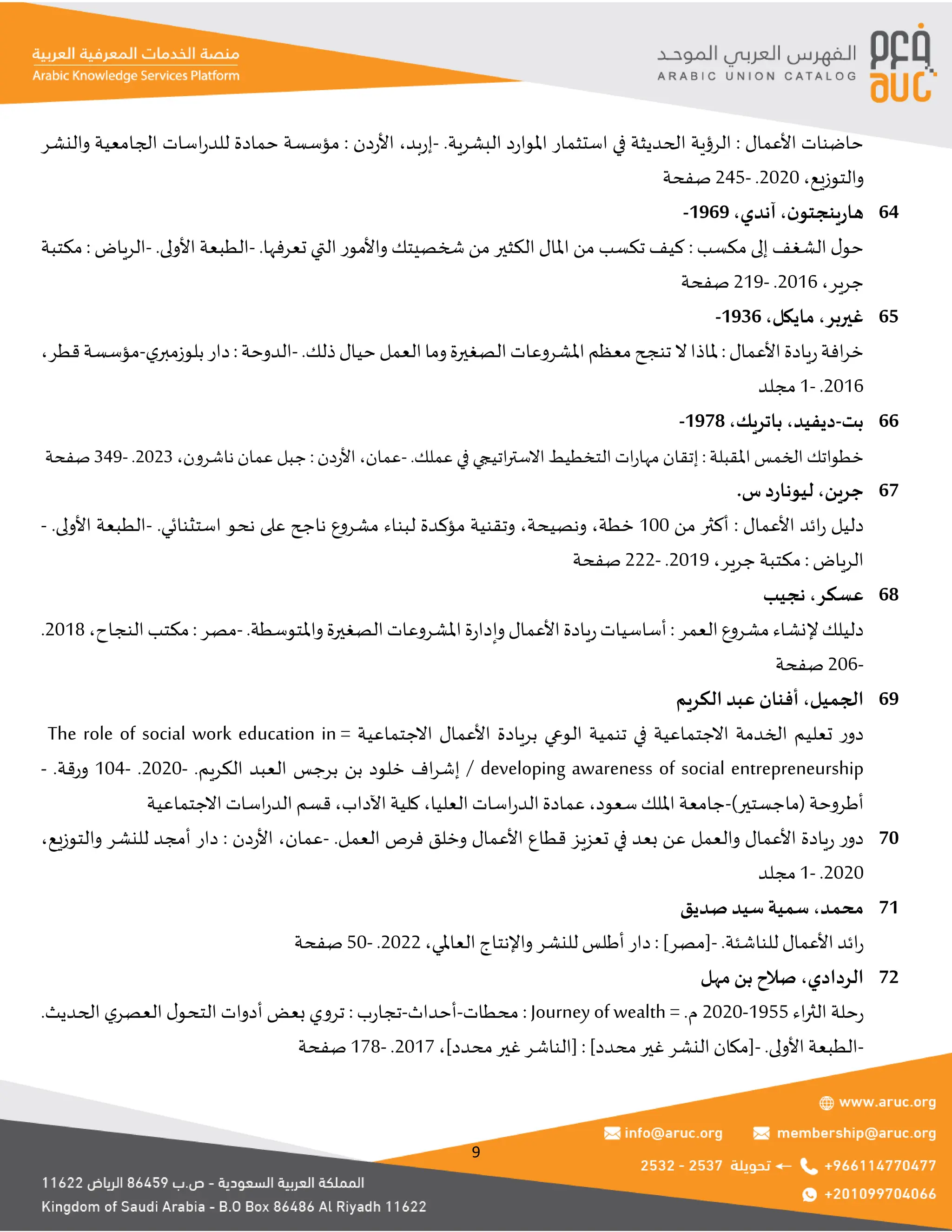 9
‫األعمال‬ ‫حاضنات‬
:
.‫البشرية‬ ‫د‬‫ر‬‫املوا‬ ‫استثمار‬ ‫في‬ ‫الحديثة‬ ‫الرؤية‬
-
‫بد‬‫ر‬‫إ‬
،
‫دن‬‫ر‬‫األ‬
:
‫اسات‬‫ر‬‫للد‬ ‫حمادة‬ ‫مؤسسة‬
‫والنشر‬ ‫الجامعية‬
‫والتوزيع‬
،
2020
.
-
245
‫صفحة‬
‫ن‬‫ينجتو‬‫ر‬‫ها‬
،
‫آندي‬
،
1969
- 64
‫مكسب‬ ‫إلى‬ ‫الشغف‬ ‫ل‬‫حو‬
:
.‫تعرفها‬ ‫التي‬ ‫واألمور‬ ‫شخصيتك‬ ‫من‬ ‫الكثير‬ ‫املال‬ ‫من‬ ‫تكسب‬ ‫كيف‬
-
.‫األولى‬ ‫الطبعة‬
-
‫الرياض‬
:
‫مكتبة‬
‫جرير‬
،
2016
.
-
219
‫صفحة‬
‫غيربر‬
،
‫مايكل‬
،
1936
- 65
‫األعمال‬‫يادة‬‫ر‬‫افة‬‫ر‬‫خ‬
:
.‫ذلك‬‫حيال‬‫العمل‬‫وما‬‫الصغيرة‬‫املشروعات‬ ‫معظم‬‫تنجح‬‫ال‬‫ملاذا‬
-
‫الدوحة‬
:
‫ي‬‫بلوزمبر‬‫دار‬
-
‫قطر‬‫مؤسسة‬
،
2016
.
-
1
‫مجلد‬
‫بت‬
-
‫ديفيد‬
،
‫باتريك‬
،
1978
- 66
‫املقبلة‬ ‫الخمس‬ ‫خطواتك‬
:
.‫عملك‬ ‫في‬ ‫اتيجي‬‫ر‬‫االست‬ ‫التخطيط‬‫ات‬‫ر‬‫مها‬ ‫إتقان‬
-
‫عمان‬
،
‫األردن‬
:
‫ناشرون‬ ‫عمان‬ ‫جبل‬
،
2023
.
-
349
‫صفحة‬
‫جرين‬
،
.‫س‬‫د‬‫ر‬‫ليونا‬ 67
‫األعمال‬ ‫ائد‬‫ر‬ ‫دليل‬
:
‫من‬ ‫أكثر‬
100
‫خطة‬
،
‫ونصيحة‬
،
.‫استثنائي‬ ‫نحو‬ ‫على‬ ‫ناجح‬ ‫مشروع‬ ‫لبناء‬ ‫مؤكدة‬ ‫وتقنية‬
-
.‫األولى‬ ‫الطبعة‬
-
‫الرياض‬
:
‫جرير‬ ‫مكتبة‬
،
2019
.
-
222
‫صفحة‬
‫عسكر‬
،
‫نجيب‬ 68
‫العمر‬‫مشروع‬‫إلنشاء‬‫دليلك‬
:
.‫واملتوسطة‬‫الصغيرة‬‫املشروعات‬‫ة‬‫ر‬‫وإدا‬‫األعمال‬‫يادة‬‫ر‬‫أساسيات‬
-
‫مصر‬
:
‫النجاح‬‫مكتب‬
،
2018
.
-
206
‫صفحة‬
‫الجميل‬
،
‫الكريم‬ ‫عبد‬ ‫أفنان‬ 69
= ‫االجتماعية‬ ‫األعمال‬ ‫بريادة‬ ‫الوعي‬ ‫تنمية‬ ‫في‬ ‫االجتماعية‬ ‫الخدمة‬ ‫تعليم‬ ‫ر‬‫دو‬
The role of social work education in
developing awareness of social entrepreneurship
.‫الكريم‬ ‫العبد‬ ‫برجس‬ ‫بن‬ ‫خلود‬ ‫اف‬‫ر‬‫إش‬ /
-
2020
.
-
104
.‫ورقة‬
-
)‫(ماجستير‬ ‫أطروحة‬
-
‫االجتماعية‬ ‫اسات‬‫ر‬‫الد‬ ‫قسم‬ ،‫اآلداب‬ ‫كلية‬ ،‫العليا‬ ‫اسات‬‫ر‬‫الد‬ ‫عمادة‬،‫سعود‬‫امللك‬ ‫جامعة‬
.‫العمل‬ ‫فرص‬ ‫وخلق‬ ‫األعمال‬ ‫قطاع‬ ‫تعزيز‬ ‫في‬ ‫بعد‬ ‫عن‬ ‫والعمل‬ ‫األعمال‬ ‫يادة‬‫ر‬ ‫ر‬‫دو‬
-
‫عمان‬
،
‫دن‬‫ر‬‫األ‬
:
‫والتوزيع‬ ‫للنشر‬ ‫أمجد‬ ‫دار‬
،
2020
.
-
1
‫مجلد‬
70
‫محمد‬
،
‫صديق‬ ‫سيد‬ ‫سمية‬ 71
.‫للناشئة‬ ‫األعمال‬ ‫ائد‬‫ر‬
-
]‫[مصر‬
:
‫العاملي‬ ‫واإلنتاج‬ ‫للنشر‬ ‫أطلس‬ ‫دار‬
،
2022
.
-
50
‫صفحة‬
‫الردادي‬
،
‫مهل‬‫بن‬ ‫صالح‬ 72
‫اء‬‫ر‬‫الث‬ ‫حلة‬‫ر‬
1955
-
2020
= .‫م‬
Journey of wealth
:
‫محطات‬
-
‫أحداث‬
-
‫ب‬‫ر‬‫تجا‬
:
.‫الحديث‬ ‫ي‬‫العصر‬ ‫ل‬‫التحو‬ ‫أدوات‬ ‫بعض‬ ‫تروي‬
-
.‫األولى‬ ‫الطبعة‬
-
]‫محدد‬ ‫غير‬ ‫النشر‬ ‫[مكان‬
:
]‫محدد‬ ‫غير‬ ‫[الناشر‬
،
2017
.
-
178
‫صفح‬
‫ة‬
 