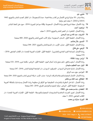 10
‫مغربي‬
،
‫نور‬ 73
‫مبادر‬ ‫حلة‬‫ر‬
:
50
.‫قصة‬ ‫حلة‬‫ر‬ ‫كتاب‬ ‫من‬ ‫األعمال‬ ‫لريادي‬ ‫ة‬‫ر‬‫عبا‬
-
]‫[السعودية‬ ‫جدة‬
:
‫والتوزيع‬ ‫للنشر‬ ‫الجديد‬ ‫الفكر‬ ‫دار‬
،
1443
[
2021
‫أو‬
2022
.]
-
1
)‫مرقم‬‫(غير‬ ‫مجلد‬
.‫األعمال‬ ‫بريادة‬ ‫تعنى‬ ‫شهرية‬ ‫مجلة‬ : ‫األعمال‬ ‫رواد‬
-
،‫الجزيرة‬ ‫سواحل‬ ‫وكالة‬ : ‫السعودية‬
2014
-
.
-
‫املباشر‬ ‫الخط‬ ‫على‬‫مورد‬ 74
‫اهيم‬‫ر‬‫إب‬
،
‫أحمد‬ 75
.‫األعمال‬ ‫يادة‬‫ر‬
-
‫القاهرة‬
:
‫والتوزيع‬‫للنشر‬ ‫الفجر‬ ‫دار‬
،
2019
.
-
1
‫مجلد‬
‫الشريف‬
،
‫الرحمن‬ ‫عبد‬ ‫بن‬ ‫هللا‬ ‫عبد‬ 76
‫يادة‬‫ر‬
.‫األعمال‬
-
.‫األولى‬ ‫الطبعة‬
-
‫الدمام‬
،
‫السعودية‬
:
‫والتوزيع‬ ‫للنشر‬ ‫العربي‬ ‫األدب‬ ‫مركز‬
،
2020
.
-
400
‫صفحة‬
‫النسور‬
،
‫هاشم‬‫بالل‬ 77
.‫األعمال‬ ‫يادة‬‫ر‬
-
.‫األولى‬ ‫الطبعة‬
-
‫عمان‬
،
‫دن‬‫ر‬‫األ‬
:
‫والتوزيع‬ ‫للنشر‬ ‫املسيرة‬ ‫دار‬
،
2021
.
-
344
‫صفحة‬
‫الزعبي‬
،
‫فالح‬ ‫علي‬ 78
‫األعمال‬ ‫يادة‬‫ر‬
:
‫(صناعة‬
)‫والعشرين‬‫الحادي‬ ‫ن‬‫القر‬
.
-
.‫األولى‬ ‫الطبعة‬
-
‫املتحدة‬ ‫العربية‬ ‫ات‬‫ر‬‫اإلما‬
:
‫الجامعي‬ ‫الكتاب‬ ‫دار‬
،
2016
.
-
570
‫صفحة‬
‫امز‬‫ر‬‫أب‬
،
‫روندا‬
،
1950
- 79
‫األعمال‬ ‫يادة‬‫ر‬
:
‫واقعي‬ ‫أسلوب‬
:
.‫اليوم‬ ‫أعمال‬ ‫ائد‬‫ر‬‫ل‬ ‫عملي‬ ‫دليل‬
-
.‫األولى‬ ‫الطبعة‬
-
‫الرياض‬
:
‫جرير‬ ‫مكتبة‬
،
2018
.
-
532
‫صفحة‬
‫املهل‬
،
‫عبد‬
‫سليمان‬ ‫العظيم‬ 80
‫األعمال‬ ‫يادة‬‫ر‬
:
.‫السودان‬ ‫إلى‬ ‫خاصة‬ ‫ة‬‫ر‬‫إشا‬
-
‫الخرطوم‬
،
‫السودان‬
:
‫للنشر‬ ‫الوطنية‬ ‫الجامعة‬ ‫دار‬
،
2016
.
-
247
‫صفحة‬
‫الفواعير‬
،
‫اق‬‫ز‬‫الر‬ ‫عبد‬‫مؤيد‬ 81
‫األعمال‬‫ريادة‬
:
.‫الريادية‬‫والشركات‬ ‫واملتوسطة‬ ‫الصغيرة‬ ‫األعمال‬
-
‫عمان‬
،
‫األردن‬
:
‫والتوزيع‬ ‫للنشر‬ ‫البيروني‬‫شركة‬
،
2020
.
-
284
‫صفحة‬
‫املخالفي‬
،
‫طاهر‬ ‫بن‬ ‫امللك‬‫عبد‬ 82
‫األعمال‬ ‫يادة‬‫ر‬
:
‫العربية‬ ‫باململكة‬ ‫وسياساتها‬ ‫األعمال‬ ‫يادة‬‫ر‬ ‫منظومة‬ ‫في‬ ‫التركيز‬ ‫مع‬ ‫التطبيقية‬ ‫سات‬‫ر‬‫واملما‬ ‫النظرية‬ ‫املداخل‬
.‫السعودية‬
-
.‫األولى‬ ‫الطبعة‬
-
‫الرياض‬
:
‫املعرفي‬ ‫والتواصل‬ ‫البحوث‬ ‫مركز‬
،
2019
.
-
265
‫صفحة‬
‫الطحان‬
،
‫علي‬ ‫محمد‬ ‫جاسم‬
،
1965
- 83
‫األعمال‬ ‫يادة‬‫ر‬
:
.‫واملتوسطة‬ ‫الصغيرة‬ ‫للمشروعات‬ ‫التنافسية‬ ‫ات‬‫ر‬‫القد‬ ‫تعزيز‬
-
.‫األولى‬ ‫الطبعة‬
-
‫املتحدة‬ ‫العربية‬ ‫ات‬‫ر‬‫اإلما‬
:
‫دار‬
‫الجامعي‬ ‫الكتاب‬
،
2022
.
-
1
‫مجلد‬
‫ة‬‫ر‬‫الوز‬
،
‫محمد‬‫بن‬ ‫ك‬‫ر‬‫مبا‬ 84
 
