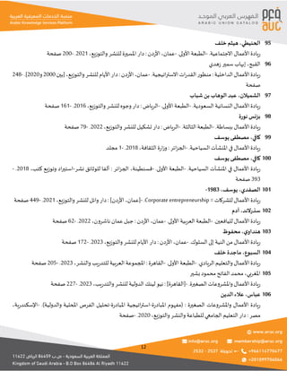 12
‫الحنيطي‬
،
‫خلف‬ ‫هيثم‬ 95
.‫االجتماعية‬ ‫األعمال‬ ‫يادة‬‫ر‬
-
‫الطبعة‬
.‫األولى‬
-
‫عمان‬
،
‫دن‬‫ر‬‫األ‬
:
‫والتوزيع‬ ‫للنشر‬ ‫املسيرة‬ ‫دار‬
،
2021
.
-
200
‫صفحة‬
‫القبج‬
،
‫هدي‬‫ز‬ ‫سمير‬ ‫إيهاب‬ 96
‫الداخلية‬‫األعمال‬‫يادة‬‫ر‬
:
.‫اتيجية‬‫ر‬‫االست‬‫ات‬‫ر‬‫القد‬‫منظور‬
-
‫عمان‬
،
‫دن‬‫ر‬‫األ‬
:
‫والتوزيع‬‫للنشر‬‫األيام‬‫دار‬
،
‫[بين‬
2000
‫و‬
2020
.]
-
248
‫صفحة‬
‫الشميالن‬
،
‫شباب‬ ‫بن‬ ‫الوهاب‬ ‫عبد‬ 97
.‫السعودية‬ ‫النسائية‬ ‫األعمال‬ ‫يادة‬‫ر‬
-
.‫األولى‬ ‫الطبعة‬
-
‫الرياض‬
:
‫والتوزيع‬‫للنشر‬ ‫وجوه‬ ‫دار‬
،
2016
.
-
161
‫صفحة‬
‫نورة‬ ‫بزنس‬ 98
.‫ببساطة‬ ‫األعمال‬ ‫يادة‬‫ر‬
-
.‫الثالثة‬ ‫الطبعة‬
-
‫الرياض‬
:
‫والتوزيع‬ ‫للنشر‬ ‫تشكيل‬ ‫دار‬
،
2022
.
-
79
‫صفحة‬
‫كافي‬
،
‫يوسف‬ ‫مصطفى‬ 99
.‫السياحية‬ ‫املنشآت‬ ‫في‬ ‫األعمال‬ ‫يادة‬‫ر‬
-
‫ائر‬‫ز‬‫الج‬
:
‫الثقافة‬ ‫ة‬‫ر‬‫ا‬‫ز‬‫و‬
،
2018
.
-
1
‫مجلد‬
‫كافي‬
،
‫يوسف‬ ‫مصطفى‬ 100
.‫السياحية‬ ‫املنشآت‬ ‫في‬ ‫األعمال‬ ‫يادة‬‫ر‬
-
.‫األولى‬ ‫الطبعة‬
-
‫قسنطينة‬
،
‫ائر‬‫ز‬‫الج‬
:
‫نشر‬ ‫للوثائق‬ ‫ألفا‬
-
‫كتب‬ ‫وتوزيع‬ ‫اد‬‫ر‬‫استي‬
،
2018
.
-
393
‫صفحة‬
‫الصفدي‬
،
‫يوسف‬
،
1983
- 101
‫يادة‬‫ر‬
= ‫للشركات‬ ‫األعمال‬
Corporate entrepreneurship
.
-
‫[عمان‬
،
]‫دن‬‫ر‬‫األ‬
:
‫والتوزيع‬‫للنشر‬ ‫وائل‬ ‫دار‬
،
2021
.
-
449
‫صفحة‬
‫سذرالند‬
،
‫آدم‬ 102
.‫لليافعين‬ ‫األعمال‬ ‫يادة‬‫ر‬
-
.‫األولى‬ ‫العربية‬ ‫الطبعة‬
-
‫عمان‬
،
‫دن‬‫ر‬‫األ‬
:
‫ناشرون‬ ‫عمان‬‫جبل‬
،
2022
.
-
62
‫صفحة‬
‫ي‬‫هنداو‬
،
‫محفوظ‬ 103
‫من‬ ‫األعمال‬ ‫يادة‬‫ر‬
.‫السلوك‬ ‫إلى‬ ‫النية‬
-
‫عمان‬
،
‫دن‬‫ر‬‫األ‬
:
‫والتوزيع‬‫للنشر‬ ‫األيام‬ ‫دار‬
،
2023
.
-
172
‫صفحة‬
‫السبوع‬
،
‫خلف‬ ‫ماجدة‬ 104
.‫الريادي‬ ‫والتعليم‬ ‫األعمال‬ ‫يادة‬‫ر‬
-
.‫األولى‬ ‫الطبعة‬
-
‫القاهرة‬
:
‫والنشر‬ ‫يب‬‫ر‬‫للتد‬ ‫العربية‬ ‫املجموعة‬
،
2023
.
-
205
‫صفح‬
‫ة‬
‫املغربي‬
،
‫بشير‬ ‫محمود‬ ‫الفاتح‬ ‫محمد‬ 105
.‫الصغيرة‬ ‫واملشروعات‬ ‫األعمال‬ ‫يادة‬‫ر‬
-
]‫[القاهرة‬
:
‫يب‬‫ر‬‫والتد‬ ‫للنشر‬ ‫الدولية‬ ‫لينك‬ ‫نيو‬
،
2023
.
-
227
‫صفحة‬
‫عباس‬
،
‫الدين‬ ‫عالء‬ 106
‫الصغيرة‬ ‫واملشروعات‬ ‫األعمال‬ ‫يادة‬‫ر‬
:
‫ة‬‫ر‬‫املباد‬ ‫(مفهوم‬
-
‫ة‬‫ر‬‫املباد‬ ‫اتيجية‬‫ر‬‫است‬
-
.)‫والدولية‬ ‫املحلية‬ ‫الفرص‬ ‫تحليل‬
-
‫ية‬‫ر‬‫اإلسكند‬
،
‫مصر‬
:
‫التعليم‬ ‫دار‬
‫والتوزيع‬‫والنشر‬ ‫للطباعة‬ ‫الجامعي‬
،
2020
.
-
‫صفحة‬
 