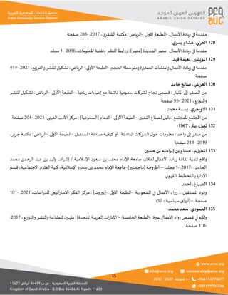 15
.‫األعمال‬ ‫يادة‬‫ر‬‫في‬ ‫مقدمة‬
-
.‫األولى‬ ‫الطبعة‬
-
،‫ي‬‫الشقر‬ ‫مكتبة‬ : ‫الرياض‬
2017
.
-
288
‫صفحة‬
‫ي‬‫يسر‬ ‫هشام‬،‫العربي‬ 128
.‫األعمال‬ ‫يادة‬‫ر‬‫في‬ ‫مقدمة‬
-
‫روابط‬ : ]‫[مصر‬ ‫الجديدة‬ ‫مصر‬
،‫املعلومات‬ ‫وتقنية‬ ‫للنشر‬
2016
.
-
1
‫مجلد‬
‫فهد‬ ‫نعيمة‬ ،‫املويشير‬ 129
.‫الحجم‬‫ومتوسطة‬‫الصغيرة‬‫واملنشآت‬‫األعمال‬‫يادة‬‫ر‬‫في‬‫مقدمة‬
-
.‫األولى‬‫الطبعة‬
-
،‫والتوزيع‬‫للنشر‬‫تشكيل‬:‫الرياض‬
2021
.
-
414
‫صفحة‬
‫حامد‬ ‫صالح‬ ،‫العريفي‬ 130
‫ناشئة‬ ‫سعودية‬ ‫لشركات‬ ‫نجاح‬ ‫قصص‬ : ‫املليار‬ ‫إلى‬ ‫الصفر‬ ‫من‬
.‫يادية‬‫ر‬ ‫إضاءات‬ ‫مع‬
-
.‫األولى‬ ‫الطبعة‬
-
‫للنشر‬ ‫تشكيل‬ : ‫الرياض‬
،‫والتوزيع‬
2021
.
-
95
‫صفحة‬
‫محمد‬‫بسمة‬ ،‫ي‬‫التويجر‬ 131
.‫التغيير‬ ‫لصناع‬ ‫دليل‬ : ‫للمجتمع‬ ‫املجتمع‬ ‫من‬
-
.‫األولى‬ ‫الطبعة‬
-
،‫العربي‬ ‫األدب‬ ‫مركز‬ : ]‫[السعودية‬ ‫الدمام‬
2021
.
-
204
‫صفحة‬
،‫بيتر‬ ،‫ثييل‬
1967
- 132
‫إلى‬ ‫صفر‬ ‫من‬
.‫املستقبل‬ ‫صناعة‬ ‫كيفية‬ ‫أو‬ ،‫الناشئة‬ ‫الشركات‬ ‫ل‬‫حو‬ ‫معلومات‬ : ‫واحد‬
-
.‫األولى‬ ‫الطبعة‬
-
،‫جرير‬ ‫مكتبة‬ : ‫الرياض‬
2019
.
-
218
‫صفحة‬
‫حسين‬ ‫بن‬ ‫إبراهيم‬ ‫بن‬ ‫حسام‬ ،‫املخيزيم‬ 133
‫اإلسالمية‬ ‫سعود‬ ‫بن‬ ‫محمد‬ ‫اإلمام‬ ‫جامعة‬ ‫لطالب‬ ‫األعمال‬ ‫يادة‬‫ر‬ ‫ثقافة‬ ‫تنمية‬ ‫واقع‬
‫محمد‬ ‫الرحمن‬ ‫عبد‬ ‫بن‬ ‫وليد‬ ‫اف‬‫ر‬‫إش‬ /
.‫الجاسر‬
-
2017
.
-
1
.‫مجلد‬
–
)‫(ماجستير‬ ‫أطروحة‬
-
‫قسم‬ ،‫االجتماعية‬ ‫العلوم‬ ‫كلية‬ ،‫اإلسالمية‬ ‫سعود‬ ‫بن‬ ‫محمد‬ ‫اإلمام‬ ‫جامعة‬
‫ي‬‫التربو‬ ‫والتخطيط‬‫ة‬‫ر‬‫اإلدا‬
‫أحمد‬،‫الصباغ‬ 134
‫املستقبل‬ ‫وقود‬
.‫السعودية‬ ‫في‬ ‫األعمال‬ ‫رواد‬ ...
-
.‫األولى‬ ‫الطبعة‬
-
: ]‫[بيروت‬
،‫اسات‬‫ر‬‫للد‬ ‫اتيجي‬‫ر‬‫االست‬ ‫الفكر‬ ‫مركز‬
2021
.
-
101
.‫صفحة‬
–
(
‫؛‬ ‫سياسية‬ ‫اق‬‫ر‬‫أو‬
50
)
‫محمد‬ ‫سعد‬ ،‫الحمودي‬ 135
.‫عبرة‬‫األعمال‬ ‫رواد‬‫قصص‬ ‫في‬ ‫ولكم‬
-
.‫الخامسة‬ ‫الطبعة‬
-
،‫والتوزيع‬ ‫والنشر‬ ‫للطباعة‬ ‫ن‬‫ملهو‬: ]‫املتحدة‬ ‫العربية‬ ‫ات‬‫ر‬‫[اإلما‬
2017
.
-
310
‫صفحة‬
 