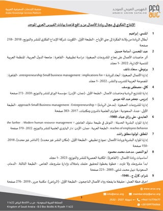 3
‫املوحد‬ ‫العربي‬ ‫الفهرس‬ ‫بيانات‬ ‫قاعدة‬ ‫اقع‬‫و‬‫من‬ ‫األعمال‬ ‫يادة‬‫ر‬‫مجال‬ ‫في‬ ‫ي‬‫الفكر‬ ‫اإلنتاج‬
‫إبراهيم‬ ،‫ي‬ ‫املنس‬ 1
.‫باح‬‫ر‬‫األ‬ ‫جني‬ ‫إلى‬ ‫الفكرة‬ ‫والدة‬ ‫من‬ ‫الريادة‬ ‫أبطال‬
-
.‫األولى‬‫الطبعة‬
-
:‫الكويت‬
‫والتوزي‬ ‫للنشر‬ ‫ي‬‫الفكر‬ ‫اإلبداع‬ ‫شركة‬
‫ع‬
،
2018
.
-
218
‫صفحة‬
‫حسين‬ ‫أسامة‬ ،‫املحسن‬‫عبد‬ 2
‫الصغيرة‬ ‫املشروعات‬ ‫نجاح‬ ‫على‬ ‫األعمال‬ ‫حاضنات‬ ‫أثر‬
:
.‫تطبيقية‬ ‫اسة‬‫ر‬‫د‬
-
‫القاهرة‬
:
‫العربية‬ ‫املنظمة‬ ،‫العربية‬ ‫ل‬‫الدو‬ ‫جامعة‬
‫ية‬‫ر‬‫اإلدا‬ ‫للتنمية‬
،
2022
.
-
1
‫مجلد‬
،‫برنوطي‬
‫نائف‬ ‫سعاد‬ 3
‫الصغيرة‬ ‫األعمال‬ ‫ة‬‫ر‬‫إدا‬
:
= ‫للريادة‬ ‫أبعاد‬
Small business management : implications for
entrepreneurship
.
-
‫القاهرة‬
:
‫والنشر‬ ‫يب‬‫ر‬‫للتد‬ ‫العربية‬ ‫املجموعة‬
،
2022
.
-
1
‫مجلد‬
‫كافي‬
،
‫يوسف‬ ‫مصطفى‬ 4
.‫األعمال‬ ‫وحاضنات‬‫الريادية‬ ‫املشاريع‬‫إدارة‬
-
.‫األولى‬ ‫الطبعة‬
-
‫[عمان‬
،
]‫األردن‬
:
‫والتوزيع‬ ‫للنشر‬ ‫اق‬‫ر‬‫الو‬ ‫مؤسسة‬
،
2020
.
-
272
‫صفحة‬
‫يس‬‫ر‬‫إد‬
،
‫ى‬ ‫موس‬ ‫هللا‬ ‫عبد‬‫جعفر‬ 5
‫الصغيرة‬ ‫املشروعات‬ ‫ة‬‫ر‬‫إدا‬
:
= )‫الريادة‬ ‫(مدخل‬
Small Business management : Entrepreneurship
approach
.
-
‫الطبعة‬
.‫األولى‬
-
‫جدة‬
،
‫السعودية‬
:
‫ومكتبات‬ ‫ناشرون‬ ‫العلمية‬ ‫خوارزم‬
،
2017
.
-
383
‫صفحة‬
‫العابدي‬
،
‫جياد‬ ‫اق‬‫ز‬‫ر‬ ‫علي‬
،
1980
- 6
‫الحديثة‬ ‫البشرية‬ ‫املوارد‬ ‫إدارة‬
:
= ‫العاملين‬ ‫سلوك‬ ‫طبيعة‬ ‫في‬ ‫التوغل‬
Modern human resource management
:
the farther
reaches of employees behavior
.
-
.‫العربية‬ ‫الطبعة‬
-
‫عمان‬
،
‫األردن‬
:
‫للنشر‬ ‫العلمية‬‫ي‬‫اليازور‬ ‫دار‬
‫والتوزيع‬
،
2022
.
-
370
‫صفحة‬
‫املطلق‬
،
‫اشد‬‫ر‬ ‫مطلق‬‫لولوة‬ 7
‫األعمال‬ ‫وريادة‬‫البشرية‬‫د‬‫ر‬‫املوا‬‫ة‬‫ر‬‫إدا‬
:
.‫تطبيقي‬‫نموذج‬
-
.‫األولى‬‫الطبعة‬
-
]‫محدد‬‫غير‬‫النشر‬‫[مكان‬
:
]‫محدد‬‫غير‬‫[الناشر‬
،
2018
.
-
150
‫صفحة‬
‫النصر‬‫أبو‬
،
‫محمود‬ ‫محمد‬ ‫مدحت‬ 8
.‫األعمال‬ ‫يادة‬‫ر‬‫أساسيات‬
-
]‫[القاهرة‬
:
‫والتوزيع‬ ‫للنشر‬ ‫العصرية‬ ‫املكتبة‬
،
2023
.
-
1
‫مجلد‬
‫تتردد‬ ‫وال‬ ‫مشروعك‬ ‫ابدأ‬
:
.‫الخاص‬ ‫مشروعك‬ ‫ة‬‫ر‬‫وإدا‬ ‫بامتالك‬ ‫حلمك‬ ‫لتحقيق‬ ‫بخطوة‬ ‫خطوة‬
-
.‫الثالثة‬ ‫الطبعة‬
-
‫الدمام‬
،
:‫السعودية‬
‫شلبي‬ ‫محمد‬‫نبيل‬
،
2005
.
-
221
‫صفحة‬
‫شرام‬
،
.‫ج‬‫ل‬‫كار‬
،
1946
- 9
‫العمل‬ ‫خطة‬ ‫ق‬‫احر‬
:
.‫ن‬‫الناجحو‬ ‫األعمال‬ ‫رواد‬ ‫يفعله‬ ‫ما‬‫حقيقة‬
-
.‫األولى‬ ‫الطبعة‬
-
]‫[الرياض‬
:
‫جرير‬ ‫مكتبة‬
،
2019
.
-
276
‫صفحة‬
 