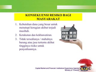 LOGO
Capital Market and Financial Institutions Supervisory Agency
Ministry of Finance
KONSEKUENSI RESIKO BAGI
MASYARAKAT
1. Kebutuhan dana yang besar untuk
menutupi kerugian akibat terjadi
musibah.
2. Ketakutan dan kekhawatiran.
3. Tidak tersedianya / mahalnya
barang atau jasa tertentu akibat
tingginya risiko untuk
penyediaannya.
 