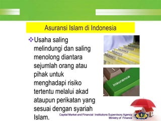 LOGO
Capital Market and Financial Institutions Supervisory Agency
Ministry of Finance
Asuransi Islam di Indonesia
Usaha saling
melindungi dan saling
menolong diantara
sejumlah orang atau
pihak untuk
menghadapi risiko
tertentu melalui akad
ataupun perikatan yang
sesuai dengan syariah
Islam.
 