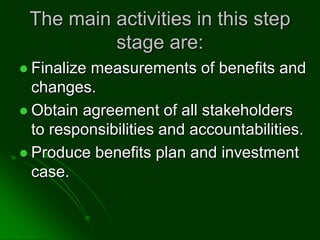 The main activities in this step
stage are:
 Finalize measurements of benefits and
changes.
 Obtain agreement of all stakeholders
to responsibilities and accountabilities.
 Produce benefits plan and investment
case.
 