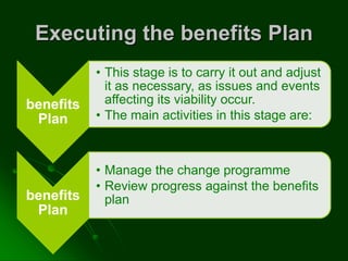 Executing the benefits Plan
benefits
Plan
• This stage is to carry it out and adjust
it as necessary, as issues and events
affecting its viability occur.
• The main activities in this stage are:
benefits
Plan
• Manage the change programme
• Review progress against the benefits
plan
 