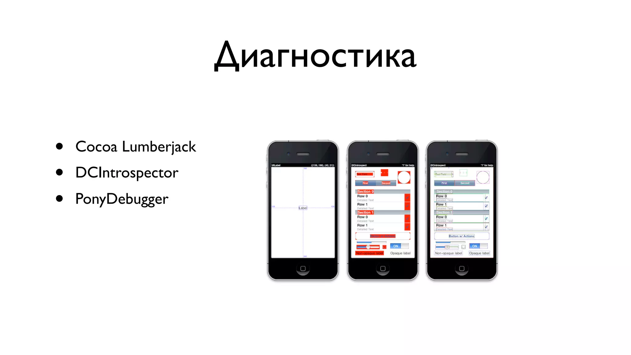 Диагностика • Cocoa Lumberjack • DCIntrospector • PonyDebugger 
