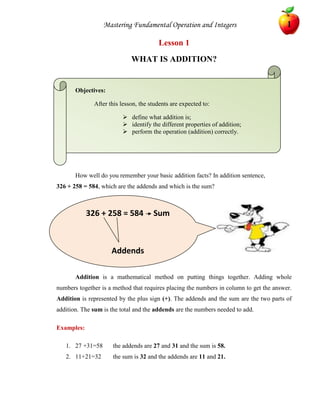Lesson 1<br />WHAT IS ADDITION?<br />Objectives: <br />After this lesson, the students are expected to:<br />define what addition is;<br />identify the different properties of addition;<br />perform the operation (addition) correctly.<br />      326 + 258 = 584     SumAddends                How well do you remember your basic addition facts? In addition sentence,                            326 + 258 = 584, which are the addends and which is the sum?<br />386766570931 <br />Addition is a mathematical method on putting things together. Adding whole numbers together is a method that requires placing the numbers in column to get the answer. Addition is represented by the plus sign (+). The addends and the sum are the two parts of addition. The sum is the total and the addends are the numbers needed to add.<br />Examples:<br />27 +31=58the addends are 27 and 31 and the sum is 58.<br />11+21=32the sum is 32 and the addends are 11 and 21.<br />-895351-476250WORKSHEET NO. 1<br />NAME: ___________________________________DATE: _____________ <br />816491221295YEAR & SECTION: ________________________RATING: ___________<br />,[object Object]