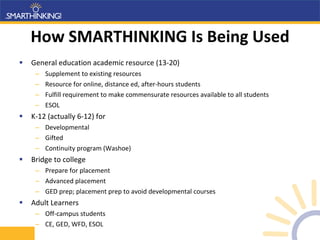 How SMARTHINKING Is Being Used General education academic resource (13-20) Supplement to existing resources Resource for online, distance ed, after-hours students Fulfill requirement to make commensurate resources available to all students ESOL K-12 (actually 6-12) for Developmental Gifted Continuity program (Washoe) Bridge to college Prepare for placement Advanced placement GED prep; placement prep to avoid developmental courses Adult Learners Off-campus students CE, GED, WFD, ESOL 