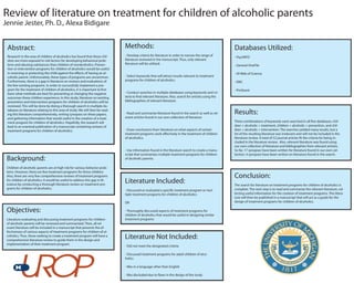 Review of literature on treatment for children of alcoholic parents
Jennie Jester, Ph. D., Alexa Bidigare
Results:
Three combinations of keywords were searched in all five databases: chil-
dren + alcoholic + treatment, children + alcoholic + prevention, and chil-
dren + alcoholic + intervention. The searches yielded many results, but a
lot of the resulting literature was irrelevant and will not be included in the
literature review. A total of 52 journal articles fit the criteria for being in-
cluded in the literature review. Also, relevant literature was found using
our own collection of literature and bibliographies from relevant articles.
So far, 17 synopses have been written for literature found in our own col-
lection. 4 synopses have been written on literature found in the search.
Conclusion:
The search for literature on treatment programs for children of alcoholics is
complete. The next step is to read and summarize the relevant literature, col-
lecting useful information for the creation of treatment programs. This litera-
ture will then be published in a manuscript that will act as a guide for the
design of treatment programs for children of alcoholics.
Databases Utilized:
- PsycINFO
- General OneFile
- ISI Web of Science
- ERIC
- ProQuest
Abstract:
Research in the area of children of alcoholics has found that these chil-
dren are more exposed to risk factors for developing behavioral prob-
lems and abusing substances than children of nonalcoholics. Preven-
tion or intervention programs for children of alcoholics would be useful
in reversing or protecting the child against the effects of having an al-
coholic parent. Unfortunately, these types of programs are uncommon.
Furthermore, there is a gap in literature on reviews and evaluations of
the few existing programs. In order to successfully implement a pro-
gram for the treatment of children of alcoholics, it is important to first
learn what methods are best for preventing or changing the negative
outcomes these children experience. In this study, literature on existing
prevention and intervention programs for children of alcoholics will be
reviewed. This will be done by doing a thorough search in multiple da-
tabases on literature relating to this area of study. We will then be read-
ing this literature comprehensively, writing synopses on these papers,
and gathering information that would useful in the creation of a treat-
ment program for children of alcoholics. Hopefully, the research will
lead to an eventual publication of a manuscript containing reviews of
treatment programs for children of alcoholics.
Objectives:
Literature evaluating and discussing treatment programs for children
of alcoholic parents will be reviewed and summarized. Then, all rel-
evant literature will be included in a manuscript that presents the ef-
fectiveness of various aspects of treatment programs for children of al-
coholics. Thus, those seeking to create a treatment program will have a
comprehensive literature review to guide them in the design and
implementation of their treatment program.
Methods:
- Develop criteria for literature in order to narrow the range of
literature reviewed in the manuscript. Thus, only relevant
literature will be utilized.
- Select keywords that will attract results relevant to treatment
programs for children of alcoholics.
- Conduct searches in multiple databases using keywords and cri-
teria to find relevant literature. Also, search for articles using the
bibliographies of relevant literature.
- Read and summarize literature found in the search as well as rel-
evant articles found in our own collection of literature
- Draw conclusions from literature on what aspects of certain
treatment programs work effectively in the treatment of children
of alcoholics.
- Use information found in the literature search to create a manu-
script that summarizes multiple treatment programs for children
of alcoholic parents.Background:
Children of alcoholic parents are at high risk for various behavior prob-
lems. However, there are few treatment programs for these children.
Also, there are very few comprehensive reviews of treatment programs
for children of alcoholics. It would be useful to address this gap in lit-
erature by conducting a thorough literature review on treatment pro-
grams for children of alcoholics.
Literature Included:
- Discussed or evaluated a specific treatment program or mul-
tiple treatment programs for children of alcoholics
OR
- Thoroughly discussed aspects of treatment programs for
children of alcoholics that would be useful in designing similar
treatment programs
Literature Not Included:
- Did not meet the designated criteria
- Discussed treatment programs for adult children of alco-
holics
- Was in a language other than English
- Was discluded due to flaws in the design of the study
 