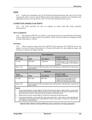 .
Drop Zones
SIZE
6-23. Ground unit commanders must use the following minimum peacetime drop zone sizes for fixed
wing aircraft, unless a waiver is issued. During wartime and contingency operations, the commander at the
appropriate level may waive the DZ size. AFI 13-217 provides information about waivers.
COMPUTED AIR RELEASE POINT
6-24. The USAF prescribes the sizes of computed air release point DZs during peacetime
drop operations.
Heavy Equipment
6-25. The minimum CARP DZ size (Table 6-6, top section) measures at least 600 yards (549 meters)
wide by 1,000 yards (915 meters) long for one platform. Add 28 meters (30 yards) to the length and width
for each 100 feet above 1,100 feet.
Personnel
6-26. Table 6-6, bottom section, shows the CARP DZ size for personnel. The CARP DZ size for one
jumper is at least 549 meters (600 yards) by 549 meters (600 yards). For each additional jumper, add
64 meters (75 yards) to the length of the DZ.
Heavy Equipment
Altitude
(Agl In Feet) Width
Drop Zone Length
One Platform Additional Platforms
To 1,100 600 Yards 1,000 Yards Add 400 yards (C-130) or 500 yards (C-17
or C-5) to trailing edge for each additional
platform.
Above 1,100 Add 30 yards to DZ width and length for each 100 feet above 1,000 feet (Add 15 yards to each
side of the DZ).
Personnel
Altitude
(Agliin Feet) Width
Drop Zone Length
One Platform Additional Platforms
To 1,000 600 Yards 600 Yards Add 75 yards to trailing edge for each
additional parachutist. When using
CAPES, add 100 yards each instead.
Above 1,000 Add 30 yards to DZ width and length for each 100 feet above 1,000 feet (Add 15 yards to each
side of the DZ).
NOTES:
1. For day visual formations, increase width by 100 yards (50 yards each side). For SKE formation, increase width
by 400 yards (200 yards each side). Official sunset to sunrise, increase width by 100 yards for single ship visual
drops (50 yards each side) or 200 yards for visual formations (100 yards each side).
2. Official sunset to sunrise, increase length by 100 yards for visual drops (50 yards each end).
3. For personnel formations, minimum DZ basic width using center PIs is 1,240 yards for 2-ship elements and
1,800 yards for 3-ship elements. When using offset PIs, minimum basic width is 1,100 yds for 2-ship elements
and 1,300 yds for 3-ship elements.
Table 6-6. Size criteria for tactical airlift drop zones, personnel, and heavy equipment.
25 April 2006 FM 3-21.38 6-9
 