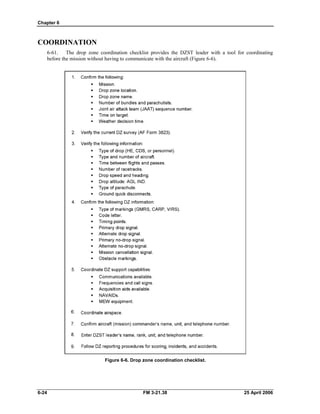 Chapter 6
COORDINATION
6-61. The drop zone coordination checklist provides the DZST leader with a tool for coordinating
before the mission without having to communicate with the aircraft (Figure 6-6).
Figure 6-6. Drop zone coordination checklist.
6-24 FM 3-21.38 25 April 2006
 