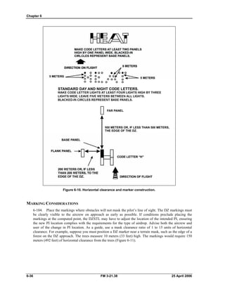 Chapter 6
Figure 6-10. Horizontal clearance and marker construction.
MARKING CONSIDERATIONS
6-104. Place the markings where obstacles will not mask the pilot’s line of sight. The DZ markings must
be clearly visible to the aircrew on approach as early as possible. If conditions preclude placing the
markings at the computed point, the DZSTL may have to adjust the location of the intended PI, ensuring
the new PI location complies with the requirements for the type of airdrop. Advise both the aircrew and
user of the change in PI location. As a guide, use a mask clearance ratio of 1 to 15 units of horizontal
clearance. For example, suppose you must position a DZ marker near a terrain mask, such as the edge of a
forest on the DZ approach. The trees measure 10 meters (33 feet) high. The markings would require 150
meters (492 feet) of horizontal clearance from the trees (Figure 6-11).
6-36 FM 3-21.38 25 April 2006
 