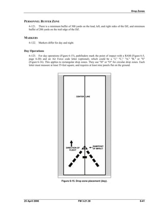 Drop Zones
PERSONNEL BUFFER ZONE
6-121. There is a minimum buffer of 300 yards on the lead, left, and right sides of the DZ, and minimum
buffer of 200 yards on the trail edge of the DZ.
MARKERS
6-122. Markers differ for day and night.
Day Operations
6-123. For day operations (Figure 6-15), pathfinders mark the point of impact with a RAM (Figure 6-5,
page 6-20) and an Air Force code letter (optional), which could be a "J," "C," "A," "R," or "S"
(Figure 6-16). This applies to rectangular drop zones. They use "H" or "O" for circular drop zones. Each
letter must measure at least 35-feet square, and requires at least nine panels flat on the ground.
Figure 6-15. Drop zone placement (day).
25 April 2006 FM 3-21.38 6-41
 