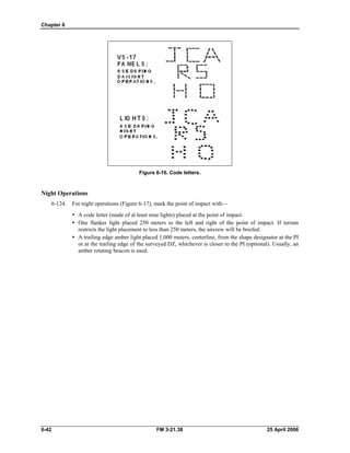 Chapter 6
Figure 6-16. Code letters.
Night Operations
6-124. For night operations (Figure 6-17), mark the point of impact with—
•	 A code letter (made of at least nine lights) placed at the point of impact.
•	 One flanker light placed 250 meters to the left and right of the point of impact. If terrain
restricts the light placement to less than 250 meters, the aircrew will be briefed.
•	 A trailing edge amber light placed 1,000 meters, centerline, from the shape designator at the PI
or at the trailing edge of the surveyed DZ, whichever is closer to the PI (optional). Usually, an
amber rotating beacon is used.
6-42 	 FM 3-21.38 25 April 2006
 
