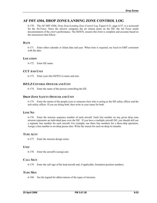 Drop Zones
AF IMT 4304, DROP ZONE/LANDING ZONE CONTROL LOG
6-170. The AF IMT 4304, Drop Zone/Landing Zone Control Log, Figure 6-21, page 6-57, is a scorecard
for the Air Force. Since the aircrew computes the air release point on the DZ, the Air Force needs
documentation of the crew's performance. The DZSTL ensures this form is complete and accurate based on
the instructions that follow:
DATE
6-171. Enter either calendar or Julian date and year. When time is required, use local or GMT consistent
with the date.
LOCATION
6-172. Enter DZ name.
CCT AND UNIT
6-173. Enter your (the DZSTL's) name and unit.
DZ/LZ CONTROL OFFICER AND UNIT
6-174. Enter the name of the person controlling the DZ.
DROP ZONE SAFETY OFFICER AND UNIT
6-175. Enter the names of the people (you or someone else) who is acting as the DZ safety officer and the
unit safety officer. If you are doing both, then write in your name for both.
LINE NO
6-176. Enter the mission sequence number of each aircraft. Each line number on any given drop zone
mission represents an individual pass over the DZ. If you have a multiple aircraft DZ, you should still use
a separate line number for each aircraft. For example, use three line numbers for a three-ship operation.
Assign a line number to no-drop passes also. Write the reason for each no-drop in remarks.
TYPE ACFT
6-177. Enter the mission design series.
UNIT
6-178. Enter the aircraft's (using) unit.
CALL SIGN
6-179. Enter the call sign of the lead aircraft and, if applicable, formation position numbers.
TYPE MSN
6-180. See the legend for abbreviations of the types of missions.
25 April 2006 FM 3-21.38 6-53
 