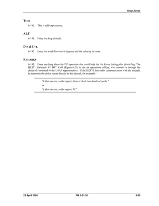 Drop Zones
TIME
6-190. This is self-explanatory.
ALT
6-191. Enter the drop altitude.
DIR & LVL
6-192. Enter the wind direction in degrees and the velocity in knots.
REMARKS
6-193. Enter anything about the DZ operation that could help the Air Force during pilot debriefing. The
DZSTL forwards AF IMT 4304 (Figure 6-21) to the air operations officer, who submits it through the
chain of command to the USAF representative. If the DZSTL has radio communication with the aircraft,
he transmits the strike report directly to the aircraft, for example--
"Lifter one-six, strike report, three o’clock two-hundred yards."
or
"Lifter one-six, strike report, PI."
25 April 2006 FM 3-21.38 6-55
 