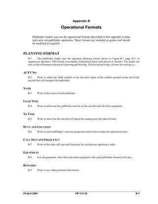 Appendix B 

Operational Formats 

Pathfinder leaders can use the operational formats described in this appendix to plan
and carry out pathfinder operations. These formats are intended as guides and should
be modified as required.
PLANNING FORMAT
B-1. The pathfinder leader uses the operation planning format shown in Figure B-1, page B-3, to
organize an operation. This format consolidates information about each person or element. The leader can
refer to this information during his planning and briefing. This format provides columns for writing in—
ACFT NO
B-2. Write in either the chalk number or the last three digits of the number painted on the tail of the
aircraft that will transport the pathfinder.
NAME
B-3. Write in the name of each pathfinder.
LOAD TIME
B-4. Write in what time the pathfinder must be on the aircraft with all of his equipment.
TO TIME
B-5. Write in what time the aircraft will depart the staging area (the takeoff time).
DUTY AND LOCATION
B-6. Write in each pathfinder’s mission assignment and location within the operational area.
CALL SIGN AND FREQUENCY
B-7. Write in the radio call sign and frequency for each person operating a radio.
EQUIPMENT
B-8. List all equipment, other than individual equipment, that each pathfinder element will carry.
REMARKS
B-9. Write in any other pertinent information.
25 April 2006 FM 3-21.38 B-1
 
