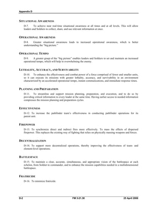 Appendix D
SITUATIONAL AWARENESS
D-7. To achieve near real-time situational awareness at all times and at all levels. This will allow
leaders and Soldiers to collect, share, and use relevant information at once.
OPERATIONAL AWARENESS
D-8. Greater situational awareness leads to increased operational awareness, which is better
understanding the “big picture.”
OPERATIONAL TEMPO
D-9. A greater grasp of the “big picture” enables leaders and Soldiers to set and maintain an increased
operational tempo, which will help in overwhelming the enemy.
LETHALITY, ACCURACY, AND SURVIVABILITY
D-10. To enhance the effectiveness and combat power of a force comprised of fewer and smaller units,
so it can execute its missions with greater lethality, accuracy, and survivability in an environment
characterized by an accelerated operational tempo, instant communications, and immediate response times.
PLANNING AND PREPARATION
D-11. To streamline and support mission planning, preparation, and execution, and to do so by
providing critical information to every leader at the same time. Having earlier access to needed information
compresses the mission planning and preparation cycles.
EFFECTIVENESS
D-12. To increase the pathfinder team’s effectiveness in conducting pathfinder operations for its
parent unit.
FIREPOWER
D-13. To synchronize direct and indirect fires more effectively. To mass the effects of dispersed
firepower. This replaces the existing way of fighting that relies on physically massing weapons and forces.
DECENTRALIZATION
D-14. To support more decentralized operations, thereby improving the effectiveness of team- and
element-level operations.
BATTLESPACE
D-15. To maintain a clear, accurate, simultaneous, and appropriate vision of the battlespace at each
echelon, from Soldier to commander, and to enhance the mission capabilities needed in a multidimensional
battlespace.
FRATRICIDE
D-16. To minimize fratricide.
D-2 FM 3-21.38 25 April 2006
 