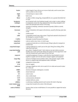 Glossary
becket a short length of rope with an eye on one or both ends, used to secure items
such as eyelets or coils of rope
bight a formed loop in a rope or cable
BIT built-in test
blivet A rubber or fabric storage bag, transportable by air or ground, that holds fuel
or water
breakaway use of material with a low breaking strength, such as tape or cotton webbing,
technique to temporarily restrain the sling equipment from becoming entangled on the
load as the helicopter puts tension on the sling
breaking strength resistance to breaking, commonly measured in pounds. (Refers to tensile
strength.)
brownout a loss of orientation with respect to the horizon, caused by blowing sand, dust,
or dirt
CA combat assault
cable a suspended external cargo sling system. Cargo hook attached to the bottom of
the fuselage by a system of cables
CAPES Chemlight-Assisted Personnel Exit System
cargo hoist a device used to raise, lower, or winch cargo
cargo hook a suspension hook device on which the apex fitting is placed to transport an
external load
cargo hook keeper a spring-loaded device used to prevent the apex fitting from sliding off the
cargo hook load beam
cargo hook loading also called a "shepherd's hook," with a hook on one end, which an aircrew
pole member uses to pick up the apex fitting and connect it to the cargo hook. Used
when the hookup team cannot stand on top of the load
cargo net a meshed arrangement of straps or cords that have been knotted or woven
together at regular intervals and used to transport supplies and equipment
cargo sling consists of multiple tension members which, when properly rigged, enable
aircrew to suspend cargo and equipment under a helicopter
CARP computed air release point
CAS close air support
castle nut a hexagon-shaped nut with a slot in each of its six sides and secured in place
by a cotter pin
CBRN chemical, biological, radiological, or nuclear
CBU cluster bomb unit
CC control center
CCA close combat attack
CCP communications checkpoint
CDS container delivery system
cellulose a cushioning or padding material used to protect the load or sling legs
center (main) cargo a cargo hook located in the center of the helicopter
hook
center of balance location where an item would balance if it were possible to support the load at
that point
Glossary-2 FM 3-21.38 25 April 2006
 