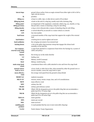 Glossary
lateral slope ground whose surface forms an angle oriented from either right to left or left to
right with the horizon
lb pound(s)
lifting eye a loop in a cable, rope, or other device used to lift an object
lifting leg hook a hook on the end of a sling leg, usually used with a hoisting sling
lifting point/ an integral part of the equipment, commonly called a lug, eye, shackle, or ring
lifting provision that provides a means of attaching a sling for safe lifting
lifting shackle a ring or clevis that provides a means of attaching sling for safe lifting
liftoff a vertical takeoff by an aircraft or a rocket vehicle or a missile
LIN line item number
load beam a structural member of the cargo hook that supports the weight of the external
load
load binders a locking device used to tighten and secure
load oscillation the swinging movement of an external load
locking detent a slot in the pallet sling tensioner stirrup that engages the release knob
assembly on the latch bar
low-response, a cargo hook attached to a suspension frame below the fuselage by a system of
external cargo sling cables and pulleys
system
lunette the towing eye on the trailer drawbar
LZ landing zone
MAC Military Airlift Command
MAF Military Airlift Facility
main cargo hook a mechanical drum with a cable attached to raise and lower the cargo hook
winch
manual release a lever, knob, or other device that, when actuated by either the ground crew or
knob or lever aircrew member, causes the cargo hook to open
mean effective the average wind speed from the ground to drop altitude
wind
MEDEVAC medical evacuation
METT-TC mission, enemy, terrain, troops, time, and civil considerations
MEW mean effective wind
MFF military free fall
MGRS military grid reference system
MK 100 (Mark 100) the designation given to the pallet sling that can accommodate a
pallet load 48 to 70 inches high
MK 86 (Mark 86) the designation given to the pallet sling that can accommodate a
pallet load 29 to 40 inches high
MOGAS motor gasoline
MPS meters per second
MSL mean sea level
multileg-pole A reach pendant that has one or more removable sling legs
pendant
NATO North Atlantic Treaty Organization
Glossary-6 FM 3-21.38 25 April 2006
 