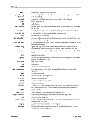 Glossary
QSTAG quadripartite standardization agreement
quick-fit strap metal, V-shaped device with a double bar and a friction-grip crossbar. Used
fasteners with lacing straps
racetrack to fly in an oval flight pattern over a drop zone or point of impact
RAM raised-angle marker
RB radar beacon
reach pendant braided fabric rope assembly with an attached, stiffened reach tube and a loop
on each end
reach tube a length of tubing that encases the braided rope portion of a reach pendant
receiving unit a unit receiving the transported supplies and equipment
recon reconnaissance, reconnoiter
relative humidity the ratio of absolute humidity to the maximum possible density of water vapor
in the air at the same temperature
rendezvous point a clearly defined and visible point or assembly area for the ground crew during
helicopter operations
retainer strap nylon web loop interwoven on the web ring of the 15,000-pound capacity
multileg sling that retains the sling legs on the lower part of the web ring
retention pins metal devices used to secure objects such as clevises or shackles to the vehicle
frame
RIO radar intercept officer
rope lay an individual grouping of wire strands woven or twisted together, which when
braided together form a cable
rotor wash (See down wash.)
RP release point
SADL situational awareness datalink
safe working load the greatest capacity of a lifting device used in helicopter external load
operations
SAM surface-to-air missle
SATB simulated airdrop training bundle
SATCOM satellite communications
SEAD suppression of enemy air defenses
SIGINT signals intelligence
signalman A person who signals or who works with signals, or a member of the ground
crew who communicates with the pilot by means of arm-and-hand signals
SIGSEC signal security
SINCGARS Single-Channel, Ground and Airborne Radio System
single-point load cargo or equipment rigged and suspended from one cargo hook
SKE station-keeping equipment
sliding keeper a web keeper located near the ends of a flat web strap that encircles all of the
loops and acts as a cinch
sling leg An individual tension member of the sling set
slingload Consists of supplies or equipment properly rigged with either one or more
slings, cargo bags, or cargo nets
Glossary-8 FM 3-21.38 25 April 2006
 