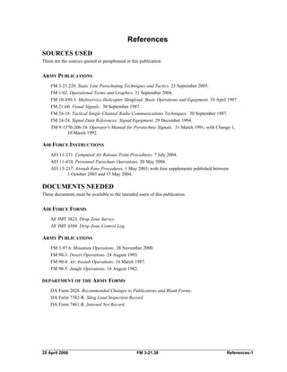 References
SOURCES USED
These are the sources quoted or paraphrased in this publication.
ARMY PUBLICATIONS
FM 3-21.220. Static Line Parachuting Techniques and Tactics. 23 September 2003. 

FM 1-02. Operational Terms and Graphics. 21 September 2004. 

FM 10-450-3. Multiservice Helicopter Slingload: Basic Operations and Equipment. 10 April 1997. 

FM 21-60. Visual Signals. 30 September 1987. 

FM 24-18. Tactical Single-Channel Radio Communications Techniques. 30 September 1987. 

FM 24-24. Signal Data References: Signal Equipment. 29 December 1994. 

TM 9-1370-206-10. Operator's Manual for Pyrotechnic Signals. 31 March 1991; with Change 1, 

10 March 1992.
AIR FORCE INSTRUCTIONS
AFI 11-231. Computed Air Release Point Procedures. 7 July 2004. 

AFI 11-410. Personnel Parachute Operations. 20 May 2004. 

AFI 13-217. Assault Zone Procedures. 1 May 2003; with four supplements published between 

1 October 2003 and 15 May 2004.
DOCUMENTS NEEDED
These documents must be available to the intended users of this publication.
AIR FORCE FORMS
AF IMT 3823. Drop Zone Survey.
AF IMT 4304. Drop Zone Control Log.
ARMY PUBLICATIONS
FM 3-97.6. Mountain Operations. 28 November 2000.
FM 90-3. Desert Operations. 24 August 1993.
FM 90-4. Air Assault Operations. 16 March 1987.
FM 90-5. Jungle Operations. 16 August 1982.
DEPARTMENT OF THE ARMY FORMS
DA Form 2028. Recommended Changes to Publications and Blank Forms. 

DA Form 7382-R. Sling Load Inspection Record. 

DA Form 7461-R. Internal Net Record. 

25 April 2006 FM 3-21.38 References-1
 