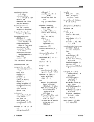 Index
coordination checklist,
6-24 (illus)
estimation of time,
6-13 (illus), 6-20, 6-25 

obstacles, 6-6 

placement, 6-42 (illus) 

selection factors, 6-1 

drop zone (continued) 

size, 6-9, E-2 (illus) 

survey, 6-47, 6-49 (illus) 

Drop Zone/Landing Zone
Control Log. See forms
drop zone support team

(DZST), 6-18 

assault zone availability 

report (AZAR), 6-47 

computed air release 

point, Air Force, 6-40 

control group, 6-25 

coordination checklist, 

6-24 (illus)
ground marked release
system (GMRS), 6-32 

leader, 6-28 

missions, 6-19 

Drop Zone Survey. See forms
electronic warfare, 3-12 

emergency. See also safety
cargo release procedures,
5-28 

codes, 4-23 

conduct, 5-25 

in-flight, 3-16 

landings, 2-5 

lighting, 4-26 (illus) 

mayday, 3-5 

medical technician, 1-1 

procedures, helicopter, 

5-29 

signal mirror, 6-22 

tactical, 2-10 

environment

cold weather, 4-28, E-1 

desert terrain, 4-32 

high threat, 2-9 

jungle terrain, 4-31 

mountainous, 2-10, 3-8, 

4-33 

equipment, 1-2, 1-4, 2-1, 2-4, 

3-12 

airdrop airspeeds, E-1 

airdrops, 6-47 

assembly aids, 1-3, 2-1, 

2-13, 4-141 

circular drop zones and, 

6-44 

drop zone support team, 

6-18 

equipment (continued) 

external loads, 4-27, 5-1, 

5-18 (illus) 

favorable conditions for 

forward throw distances, 

3-18 

heavy, 6-2, 6-4, 6-5 

(illus), 

6-9 (illus) 

drops, 6-18 

operations, 6-14 

escape routes, 4-35 

estimate of the situation, 4-1,

B-5

extension, traffic pattern, 3-9, 

3-10 (illus) 

external loads, 4-27, 5-1, 5-18 

(illus) 

extraction, 2-7, 4-2 

final glide, 3-11 

format
control record, B-4 (illus)
operation plan, B-3 (illus)
formations, “V” type, 4-8 

(illus), 4-18 (illus) 

flight, 4-3, 4-13 

forms 

AF IMT 3823, Drop Zone 

Survey, 6-31, 6-46, 

6-51 (illus), 6-52 (illus) 

AF IMT Form 4304, Drop

Zone/Landing Zone

Control Log, 6-54, 

6-57 (illus) 

DA Form 7382, Sling Load 

Inspection Record, 

5-29, 5-30 (illus) 

DA Form 7461-R, Internal

Net Record, 4-11, 

4-12 (illus) 

formulas
D=KAV, 6-14 (illus)
D=RT, 6-12 (illus)
T=D/R, 6-13 (illus)
forward throw, 6-18 (illus), 

E-1, E-4 (illus) 

glide path, final, 3-11 (illus)
go-around, 3-4 

ground 

crew, 4-30 

slope, 4-5, 4-6 (illus), 

4-28 

tactical plan, 4-1, 4-13, 

B-5 

to air (GTA), 3-2, 3-12, 

3-13, 6-23 

ground marked release system
(GMRS), E-3 (illus)
Air Force Instructions
and,
E-1 

control center, 6-29 

drop zone, 6-12 

forward throw distances, 

E-4 (illus) 

load drift constants, E-3 

markings, 6-37 

release point, 6-31 (illus), 

6-32 

helicopters, A-1 (illus) 

AH-64A (Apache), C-4, 

C-5 (illus) 

AH-64D (Longbow 

Apache), C-6, 

C-7 (illus) 

CH-47D (Chinook), C-12, 

C-13 (illus) 

OH-58D (Kiowa), C-2, 

C-3 (illus) 

UH-1H (Iroquois), C-8, 

C-9 (illus) 

UH-60AL (Blackhawk), 

C-10, C-11 (illus) 

hitches, 5-4 (illus)
hooks, cargo, 5-7, 5-16 to

5-18 (illus), 5-26 

25 April 2006 FM 3-21.38 Index-3 

 