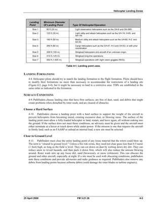 Helicopter Landing Zones
Landing
Point
Minimum Diameter
Of Landing Point Type Of Helicopter/Operation
Size 1
Size 2
Size 3
Size 4
Size 5
Size 6
Size 7
80 ft (25 m)
125 ft (35 m)
160 ft (50 m)
265 ft (80 m)
328 ft (100 m)
410 ft (125 m)
492 ft (1,505 m)
Light observation helicopters such as the OH-6 and OH-58D.
Light utility and attack helicopters such as the UH-1H, H-65, and
AH-1W.
Medium utility and attack helicopters such as the UH-60, H-2, and
AH-64.
Cargo helicopters such as the CH-47, H-3 and CH-53, or with prior
coordination
Slingload helicopters and aircraft of an unknown origin.
Slingload long-line operations.
Slingload operations with night vision goggles (NVG).
Table 4-1. Landing point uses.
LANDING FORMATIONS
4-8. Helicopter pilots should try to match the landing formation to the flight formation. Pilots should have
to modify their formations no more than necessary to accommodate the restrictions of a landing site
(Figure 4-2, page 4-4), but it might be necessary to land in a restrictive area. TDPs are established in the
same order as indicated in the formation.
SURFACE CONDITIONS
4-9. Pathfinders choose landing sites that have firm surfaces; are free of dust, sand, and debris that might
create problems when disturbed by rotor wash; and are cleared of obstacles.
Choose a Hard Surface
4-10. Pathfinders choose a landing point with a hard surface to support the weight of the aircraft to
prevent helicopters from becoming mired, creating excessive dust, or blowing snow. The surface of the
landing point must allow a fully-loaded helicopter to land, restart, and leave again, all without sinking into
the ground. If the surface does not meet these conditions, an advisory must be given and the aircraft must
either terminate at a hover or touch down while under power. If the mission is one that requires the aircraft
to firmly land, such as an FAARP or unload an internal load, a new site must be selected.
Clear to Ground Level
4-11. Pathfinders must clear the entire landing point of any loose material that the rotors could blow up.
The term is “cleared to ground level.” Unless a fire risk exists, they need not clear grass less than 0.3 meter
(1 foot) high, as long as the field is level. They can cut down on dust by wetting down dry dirt. They can
reduce snow to reveal hazards, and then pack it down firm, which will also reduce the amount blowing
around. Rotor wash stirs up any loose dirt, sand (brownout), or snow (whiteout). This can obscure the
ground and other aircraft, especially at night. If a site must be used with obscuring conditions, pathfinders
note these conditions and provide advisories and radio guidance as required. Pathfinders also remove any
debris from landing points because airborne debris could damage the rotor blades or turbine engine(s).
25 April 2006 FM 3-21.38 4-3
 