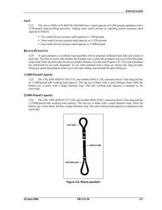 External Loads
Small
5-23. This clevis (NSN 1670 4030-00-360-0304) has a rated capacity of 6,250 pounds (pendant) with a
3,750-pound sling-to-lifting provision. Adding more small clevises as attaching points increases rated
capacity as follows:
•  Two small clevises increase rated capacity to 7,500 pounds.
•  Three small clevises increase rated capacity to 11,250 pounds.
•  Four small clevises increase rated capacity to 15,000 pounds.
REACH PENDANTS
5-24. A reach pendant is a synthetic rope assembly with an attached, stiffened reach tube and a loop on
each end. The built-in reach tube enables the hookup man to place the pendant's top eye on the helicopter
cargo hook while the helicopter hovers at a higher distance over the load (Figure 5-5). Two reach pendants
are authorized for use with slingloads. To use either pendant with a sling set, remove the sling set apex
fitting pin; place the pendant's lower eye in the apex fitting; and reinstall the apex fitting pin.
11,000-Pound Capacity
5-25. The 11K, NSN 4020-01-365-3115, part number DSG-5-11K, measures about 5 feet long and has
an 11,000-pound safe working load capacity. The top eye is black with a small diameter loop, while the
bottom eye is green with a larger diameter loop. The safe working load capacity is stamped on the
reach tube.
25,000-Pound Capacity
5-26. The 25K, NSN 4020-01-337-3185, part number BOS-14-K7, measures about 5 feet long and has
a 25,000-pound safe working load capacity. The top eye is black with a small diameter loop, while the
bottom eye is also black, but has a larger diameter loop. The safe working load capacity is stamped on the
reach tube.
Figure 5-5. Reach pendant.
25 April 2006 FM 3-21.38 5-7
 