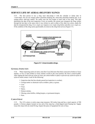 Chapter 5
SERVICE LIFE OF AERIAL-DELIVERY SLINGS
5-33. The first person to use a sling must date-stamp it with the calendar or Julian date in
1-inch letters. He can use orange-yellow parachute-marking ink, strata blue parachute-marking ink, or an
orange-yellow tube-type marker. He marks near the first keeper at both ends of the sling. This date
determines the date of the next inspection. Every six months, the current user reinspects the sling; strikes
through the last date in the same color it was written in; and in either of the other two colors, marks the
date he reinspected the sling. Every single user inspects every single sling before and after every single use.
If the condition of the sling seems questionable, he removes the sling from service (Figure 5-7).
Figure 5-7. Unserviceable slings.
GENERAL INSPECTION
5-34. When inspecting nylon air items, note that if you find more than three consecutive broken or loose
stitches, or five or more broken or loose stitches overall in the sewn portion, the item is unserviceable.
After rigging the load with any nylon air item, put cotton buffers in place to prevent any nylon-to-nylon or
nylon-to-metal contact. Look for the following:
•  Inspection date that has already passed (an inspection is overdue).
•  Foreign matter or chemicals such as mildew, paint, or grease.
y Cuts.
y Frays.
y Burns.
y Broken stitches.
•  Missing cotton buffers, sliding keepers, or permanent keepers.
y Rust.
CARGO STRAP
5-35. The A7A cotton or nylon cargo strap measures 188 inches long and has a rated capacity of 500
pounds. A friction adapter located on one end of the strap has a thick-lipped metal floating bar. Supply
issues this strap with one metal D-ring. Inspect this piece of equipment for cuts or frays.
5-10 FM 3-21.38 25 April 2006
 