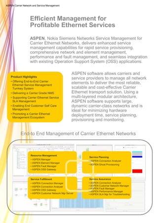Efficient Management for
Profitable Ethernet Services
ASPEN, Nokia Siemens Networks Service Management for
Carrier Ethernet Networks, delivers enhanced service
management capabilities for rapid service provisioning,
comprehensive network and element management,
performance and fault management, and seamless integration
with existing Operation Support System (OSS) applications.
Product Highlights
• Offering End-to-End Carrier
Ethernet Service Management
Turnkey System
• Delivering a Carrier Grade NMS
• Supporting Carrier Ethernet Service
SLA Management
• Enabling End Customer Self Care
Management
• Promoting a Carrier Ethernet
Management Ecosystem
ASPEN Carrier Network and Service Management
ASPEN software allows carriers and
service providers to manage all network
elements to deliver the most reliable,
scalable and cost-effective Carrier
Ethernet transport solution. Using a
multi-layered modular architecture,
ASPEN software supports large,
dynamic carrier-class networks and is
ideal for minimizing hardware
deployment time, service planning,
provisioning and monitoring.
End-to End Management of Carrier Ethernet Networks
Resource Management
• ASPEN Manager
• ASPEN Element Manager
• ASPEN Fault Manager
• ASPEN OSS Gateway
Service Fulfillment
• ASPEN Connection Manager
• ASPEN Connection Analyzer
• ASPEN OSS Gateway
• ASPEN Customer Network Mgr Server
Service Planning
• ASPEN Connection Analyzer
• ASPEN Ghost Provisioning
Service Assurance
• ASPEN Connection Analyzer
• ASPEN Customer Network Manager
• ASPEN Fault Manager
• ASPEN Performance Manager
• ASPEN SLA Mgr for Troubleshooting
 