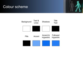 Colour scheme


                      Text &                 Title
         Background            Shadows
                      Lines                  Text




                               Accent &    Followed
            Fills     Accent
                               Hyperlink   Hyperlink
 