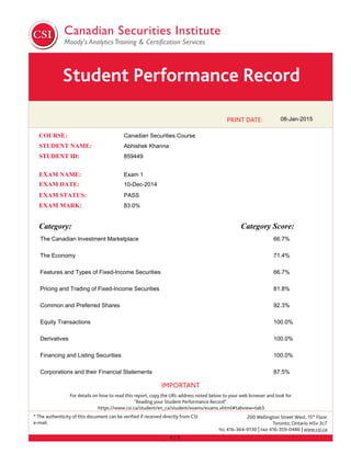 Student Performance Record
PRINT DATE:
* The authenticity of this document can be veriﬁed if received directly from CSI
e-mail.
200 Wellington Street West, 15th
Floor
Toronto, Ontario M5V 3C7
TEL 416-364-9130 | FAX 416-359-0486 | www.csi.ca
IMPORTANT
For details on how to read this report, copy the URL address noted below to your web browser and look for
“Reading your Student Performance Record”.
https://www.csi.ca/student/en_ca/student/exams/exams.xhtml#tabview=tab3
08-Jan-2015
10-Dec-2014EXAM DATE:
Canadian Securities CourseCOURSE:
Abhishek KhannaSTUDENT NAME:
PASSEXAM STATUS:
Exam 1EXAM NAME:
83.0%EXAM MARK:
859449STUDENT ID:STUDENT ID:
Category: Category Score:
The Canadian Investment Marketplace 66.7%
The Economy 71.4%
Features and Types of Fixed-Income Securities 66.7%
Pricing and Trading of Fixed-Income Securities 81.8%
Common and Preferred Shares 92.3%
Equity Transactions 100.0%
Derivatives 100.0%
Financing and Listing Securities 100.0%
Corporations and their Financial Statements 87.5%
1 / 1
 