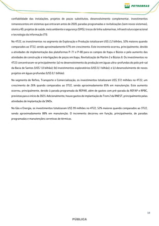14
PÚBLICA
PÚBLICA
confiabilidade das instalações, projetos de poços substitutos, desenvolvimento complementar, investimentos
remanescentes em sistemas que entraram antes de 2020, paradas programadas e revitalizações (sem novos sistemas),
sísmica 4D, projetos de saúde, meio ambiente e segurança (SMS), trocas de linha submarinas, infraestrutura operacional
e tecnologia da informação (TI).
No 4T22, os investimentos no segmento de Exploração e Produção totalizaram US$ 2,2 bilhões, 32% maiores quando
comparados ao 3T22, sendo aproximadamente 67% em crescimento. Este incremento ocorreu, principalmente, devido
a atividades de implementação das plataformas P-71 e P-80 para os campos de Itapu e Búzios e pelo aumento das
atividades de construção e interligações de poços em Itapu, Revitalização de Marlim 2 e Búzios 8. Os investimentos no
4T22 concentraram-se principalmente: (a) no desenvolvimento da produção em águas ultra-profundas do polo pré-sal
da Bacia de Santos (US$ 1,0 bilhão); (b) investimentos exploratórios (US$ 0,1 bilhão); e (c) desenvolvimento de novos
projetos em águas profundas (US$ 0,1 bilhão).
No segmento de Refino, Transporte e Comercialização, os investimentos totalizaram US$ 372 milhões no 4T22, um
crescimento de 26% quando comparados ao 3T22, sendo aproximadamente 85% em manutenção. Este aumento
ocorreu, principalmente, devido à parada programada da REPAR, além de gastos com pré-parada da REFAP e RPBC,
previstas para o início de 2023. Adicionalmente, houve gastos de implantação do Trem 2 da RNEST, principalmente pelas
atividades de implantação da SNOx.
No Gás e Energia, os investimentos totalizaram US$ 99 milhões no 4T22, 52% maiores quando comparados ao 3T22,
sendo aproximadamente 88% em manutenção. O incremento decorreu em função, principalmente, de paradas
programadas e manutenções corretivas de térmicas.
 