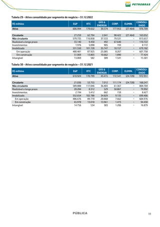 PÚBLICA 33
Tabela 29 - Ativo consolidado por segmento de negócio – 31.12.2022
R$ milhões E&P RTC
GÁS &
ENERGIA
CORP. ELIMIN.
CONSOLI-
DADO
Ativo 606.994 179.652 39.574 177.953 (27.464) 976.709
Circulante 27.259 62.794 2.041 98.422 (27.464) 163.052
Não circulante 579.735 116.858 37.533 79.531 − 813.657
Realizável a longo prazo 33.140 9.450 492 67.640 − 110.722
Investimentos 1.976 5.098 905 193 − 8.172
Imobilizado 531.550 101.728 35.747 10.157 − 679.182
Em operação 480.481 87.925 25.085 8.267 − 601.758
Em construção 51.069 13.803 10.662 1.890 − 77.424
Intangível 13.069 582 389 1.541 − 15.581
Tabela 30 - Ativo consolidado por segmento de negócio – 31.12.2021
R$ milhões E&P RTC
GÁS &
ENERGIA
CORP. ELIMIN.
CONSOLI-
DADO
Ativo 610.924 170.799 43.415 172.541 (24.728) 972.951
Circulante 21.036 53.753 7.012 111.174 (24.728) 168.247
Não circulante 589.888 117.046 36.403 61.367 − 804.704
Realizável a longo prazo 20.284 8.312 529 50.867 − 79.992
Investimentos 2.194 5.412 662 159 − 8.427
Imobilizado 552.654 102.788 34.829 9.135 − 699.406
Em operação 486.676 89.770 20.868 7.662 − 604.976
Em construção 65.978 13.018 13.961 1.473 − 94.430
Intangível 14.756 534 383 1.206 − 16.879
 
