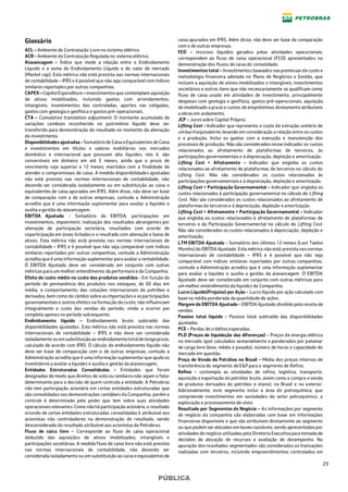 29
PÚBLICA
Glossário
ACL – Ambiente de Contratação Livre no sistema elétrico.
ACR - Ambiente de Contratação Regulada no sistema elétrico.
Alavancagem – Índice que mede a relação entre o Endividamento
Líquido e a soma do Endividamento Líquido e do valor de mercado
(Market cap). Esta métrica não está prevista nas normas internacionais
de contabilidade – IFRS e é possível que não seja comparável com índices
similares reportados por outras companhias.
CAPEX–CapitalExpenditure –investimentos que contemplam aquisição
de ativos imobilizados, incluindo gastos com arrendamentos,
intangíveis, investimentos das controladas, aportes nas coligadas,
gastos com geologia e geofísica e gastos pré-operacionais.
CTA – Cumulative translation adjustment. O montante acumulado de
variações cambiais reconhecido no patrimônio líquido deve ser
transferido para demonstração do resultado no momento da alienação
do investimento.
Disponibilidades ajustadas -Somatóriode Caixa eEquivalentes de Caixa
e investimentos em títulos e valores mobiliários nos mercados
doméstico e internacional que possuem alta liquidez, isto é, são
conversíveis em dinheiro em até 3 meses, ainda que o prazo de
vencimento seja superior a 12 meses, mantidos com a finalidade de
atender a compromissos de caixa. A medida disponibilidades ajustadas
não está prevista nas normas internacionais de contabilidade, não
devendo ser considerada isoladamente ou em substituição ao caixa e
equivalentes de caixa apurados em IFRS. Além disso, não deve ser base
de comparação com a de outras empresas, contudo a Administração
acredita que é uma informação suplementar para avaliar a liquidez e
auxilia a gestão da alavancagem.
EBITDA Ajustado - Somatório do EBITDA, participações em
investimentos, impairment, realização dos resultados abrangentes por
alienação de participação societária, resultados com acordo de
coparticipação em áreas licitadas e o resultado com alienação e baixa de
ativos. Esta métrica não está prevista nas normas internacionais de
contabilidade – IFRS e é possível que não seja comparável com índices
similares reportados por outras companhias, contudo a Administração
acredita que é uma informação suplementar para avaliar a rentabilidade.
O EBITDA Ajustado deve ser considerado em conjunto com outras
métricas para um melhor entendimento da performance da Companhia.
Efeito do custo médio no custo dos produtos vendidos - Em função do
período de permanência dos produtos nos estoques, de 60 dias em
média, o comportamento das cotações internacionais do petróleo e
derivados, bem como do câmbio sobre as importações e as participações
governamentais e outros efeitos na formação do custo, não influenciam
integralmente o custo das vendas do período, vindo a ocorrer por
completo apenas no período subsequente.
Endividamento líquido – Endividamento bruto subtraído das
disponibilidades ajustadas. Esta métrica não está prevista nas normas
internacionais de contabilidade – IFRS e não deve ser considerada
isoladamente ouem substituiçãoao endividamentototalde longoprazo,
calculado de acordo com IFRS. O cálculo do endividamento líquido não
deve ser base de comparação com o de outras empresas, contudo a
Administração acredita que é uma informação suplementar que ajuda os
investidores a avaliar a liquidez e auxilia a gestão da alavancagem.
Entidades Estruturadas Consolidadas - Entidades que foram
designadas de modo que direitos de voto ou similares não sejam o fator
determinante para a decisão de quem controla a entidade. A Petrobras
não tem participação acionária em certas entidades estruturadas que
são consolidadas nas demonstrações contábeis da Companhia, porém o
controle é determinado pelo poder que tem sobre suas atividades
operacionaisrelevantes.Como nãohá participação acionária,o resultado
oriundo de certas entidades estruturadas consolidadas é atribuível aos
acionistas não controladores na demonstração de resultado, sendo
desconsiderado do resultado atribuível aos acionistas da Petrobras.
Fluxo de caixa livre – Corresponde ao fluxo de caixa operacional
deduzido das aquisições de ativos imobilizados, intangíveis e
participações societárias. A medida fluxo de caixa livre não está prevista
nas normas internacionais de contabilidade, não devendo ser
considerada isoladamente ou em substituição ao caixa e equivalentes de
caixa apurados em IFRS. Além disso, não deve ser base de comparação
com o de outras empresas.
FCO - recursos líquidos gerados pelas atividades operacionais:
correspondem ao fluxo de caixa operacional (FCO) apresentados na
demonstração dos fluxos de caixa do consolidado.
Investimentos total – Investimentos baseados nas premissas de custo e
metodologia financeira adotada no Plano de Negócios e Gestão, que
incluem a aquisição de ativos imobilizados e intangíveis, investimentos
societários e outros itens que não necessariamente se qualificam como
fluxo de caixa usado em atividades de investimento, principalmente
despesas com geologia e geofísica, gastos pré-operacionais, aquisição
de imobilizado a prazo e custos de empréstimos diretamente atribuíveis
a obras em andamento.
JCP – Juros sobre Capital Próprio.
Lifting Cost - Indicador que representa o custo de extração unitário de
umbarrilequivalente,levando em consideração a relação entre os custos
e a produção. Inclui os gastos com a execução e manutenção dos
processos de produção. Não são considerados nesse indicador os custos
relacionados ao afretamento de plataformas de terceiros, às
participações governamentais e à depreciação, depleção e amortização.
Lifting Cost + Afretamento – Indicador que engloba os custos
relacionados ao afretamento de plataformas de terceiros no cálculo do
Lifting Cost. Não são considerados os custos relacionados às
participações governamentais e à depreciação, depleção e amortização.
Lifting Cost + Participação Governamental – Indicador que engloba os
custos relacionados à participação governamental no cálculo do Lifting
Cost. Não são considerados os custos relacionados ao afretamento de
plataformas de terceiros e à depreciação, depleção e amortização.
Lifting Cost + Afretamento + Participação Governamental – Indicador
que engloba os custos relacionados à afretamento de plataformas de
terceiros e da Participação Governamental no cálculo do Lifting Cost.
Não são considerados os custos relacionados à depreciação, depleção e
amortização.
LTM EBITDA Ajustado - Somatório dos últimos 12 meses (Last Twelve
Months) do EBITDA Ajustado. Esta métrica não está prevista nas normas
internacionais de contabilidade – IFRS e é possível que não seja
comparável com índices similares reportados por outras companhias,
contudo a Administração acredita que é uma informação suplementar
para avaliar a liquidez e auxilia a gestão da alavancagem. O EBITDA
Ajustado deve ser considerado em conjunto com outras métricas para
um melhor entendimento da liquidez da Companhia.
Lucro Líquido(Prejuízo) por Ação - Lucro líquido por ação calculado com
base na média ponderada da quantidade de ações.
Margem do EBITDA Ajustado - EBITDA Ajustado dividido pela receita de
vendas.
Passivo total líquido – Passivo total subtraído das disponibilidades
ajustadas.
PCE – Perdas de créditos esperadas.
PLD (Preços de liquidação das diferenças) - Preços de energia elétrica
no mercado spot calculados semanalmente e ponderados por patamar
de carga livre (leve, médio e pesado), número de horas e capacidade do
mercado em questão.
Preço de Venda do Petróleo no Brasil - Média dos preços internos de
transferência do segmento de E&P para o segmento de Refino.
Refino - contempla as atividades de refino, logística, transporte,
aquisição e exportação de petróleo bruto, assim como a compra e venda
de produtos derivados do petróleo e etanol, no Brasil e no exterior.
Adicionalmente, este segmento inclui a área de petroquímica, que
compreende investimentos em sociedades do setor petroquímico, a
exploração e processamento de xisto.
Resultado por Segmentos de Negócio – As informações por segmento
de negócio da companhia são elaboradas com base em informações
financeiras disponíveis e que são atribuíveis diretamente ao segmento
ou que podem ser alocadas em bases razoáveis, sendo apresentadas por
atividades de negócio utilizadas pela Diretoria Executiva para tomada de
decisões de alocação de recursos e avaliação de desempenho. Na
apuração dos resultados segmentados são consideradas as transações
realizadas com terceiros, incluindo empreendimentos controlados em
 
