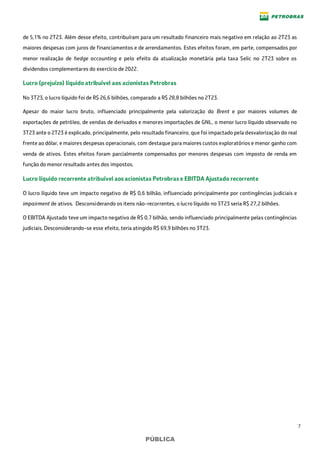 7
PÚBLICA
de 5,1% no 2T23. Além desse efeito, contribuíram para um resultado financeiro mais negativo em relação ao 2T23 as
maiores despesas com juros de financiamentos e de arrendamentos. Estes efeitos foram, em parte, compensados por
menor realização de hedge accounting e pelo efeito da atualização monetária pela taxa Selic no 2T23 sobre os
dividendos complementares do exercício de 2022.
Lucro (prejuízo) líquido atribuível aos acionistas Petrobras
No 3T23, o lucro líquido foi de R$ 26,6 bilhões, comparado a R$ 28,8 bilhões no 2T23.
Apesar do maior lucro bruto, influenciado principalmente pela valorização do Brent e por maiores volumes de
exportações de petróleo, de vendas de derivados e menores importações de GNL, o menor lucro líquido observado no
3T23 ante o 2T23 é explicado, principalmente, pelo resultado financeiro, que foi impactado pela desvalorização do real
frente ao dólar, e maiores despesas operacionais, com destaque para maiores custos exploratórios e menor ganho com
venda de ativos. Estes efeitos foram parcialmente compensados por menores despesas com imposto de renda em
função do menor resultado antes dos impostos.
Lucro líquido recorrente atribuível aos acionistas Petrobras e EBITDA Ajustado recorrente
O lucro líquido teve um impacto negativo de R$ 0,6 bilhão, influenciado principalmente por contingências judiciais e
impairment de ativos. Desconsiderando os itens não-recorrentes, o lucro líquido no 3T23 seria R$ 27,2 bilhões.
O EBITDA Ajustado teve um impacto negativo de R$ 0,7 bilhão, sendo influenciado principalmente pelas contingências
judiciais. Desconsiderando-se esse efeito, teria atingido R$ 69,9 bilhões no 3T23.
 
