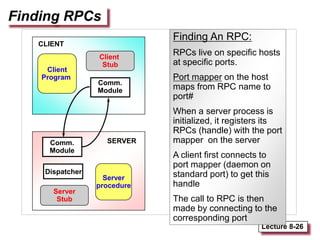 Lecture 8-26
Finding RPCs
Client
Program
Server
procedure
Server
Stub
Client
Stub
Comm.
Module
Comm.
Module
Dispatcher
SERVER
CLIENT
Finding An RPC:
RPCs live on specific hosts
at specific ports.
Port mapper on the host
maps from RPC name to
port#
When a server process is
initialized, it registers its
RPCs (handle) with the port
mapper on the server
A client first connects to
port mapper (daemon on
standard port) to get this
handle
The call to RPC is then
made by connecting to the
corresponding port
 