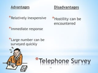 *
Advantages
*Relatively inexpensive
*Immediate response
*Large number can be
surveyed quickly
Disadvantages
*Hostility can be
encountered
13
 