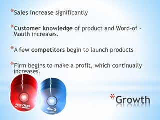 *
*Sales increase significantly
*Customer knowledge of product and Word-of -
Mouth increases.
*A few competitors begin to launch products
*Firm begins to make a profit, which continually
increases.
 