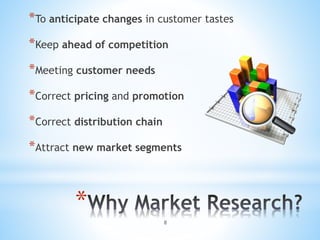 *
*To anticipate changes in customer tastes
*Keep ahead of competition
*Meeting customer needs
*Correct pricing and promotion
*Correct distribution chain
*Attract new market segments
8
 