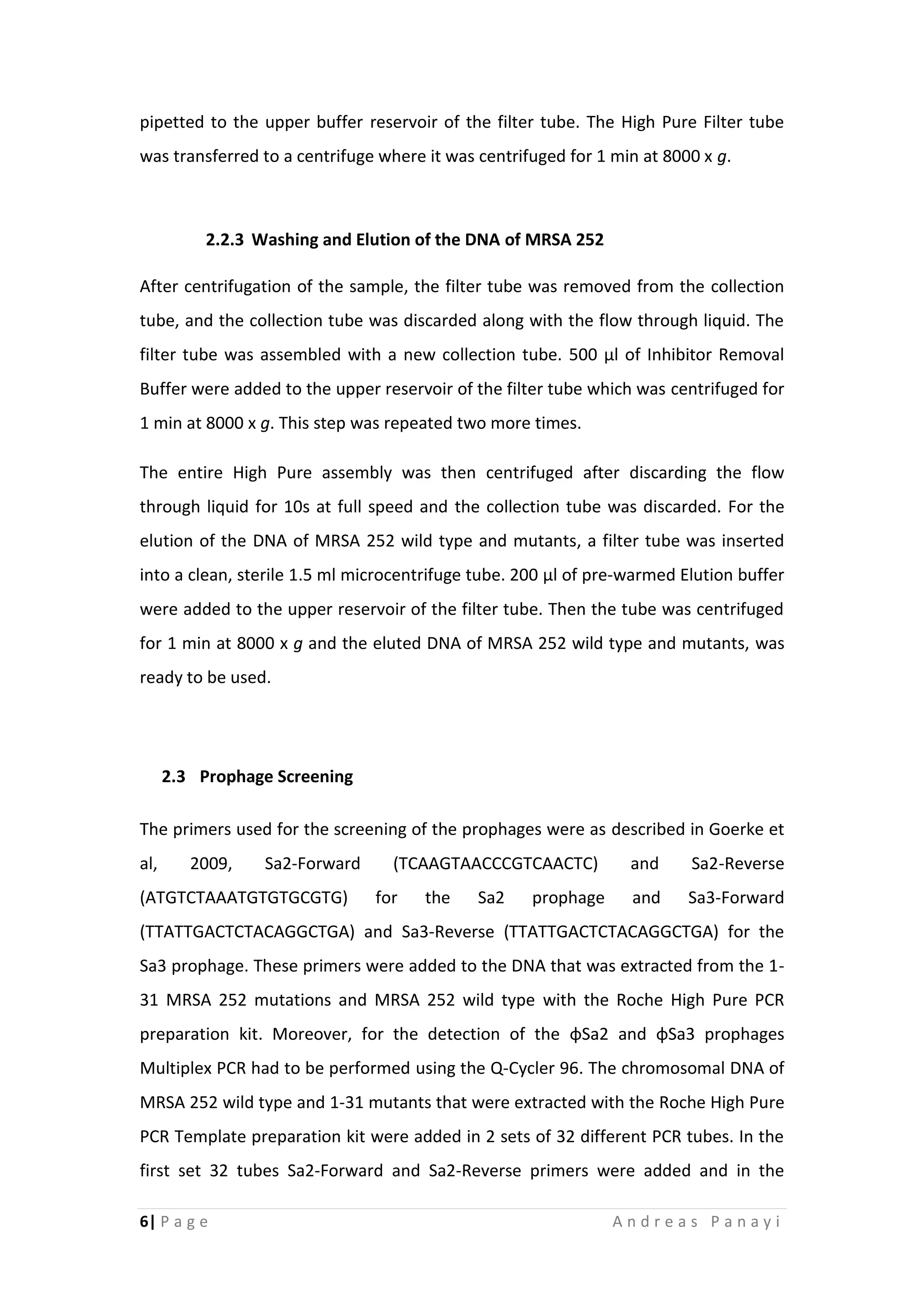 6| P a g e A n d r e a s P a n a y i
pipetted to the upper buffer reservoir of the filter tube. The High Pure Filter tube
was transferred to a centrifuge where it was centrifuged for 1 min at 8000 x g.
2.2.3 Washing and Elution of the DNA of MRSA 252
After centrifugation of the sample, the filter tube was removed from the collection
tube, and the collection tube was discarded along with the flow through liquid. The
filter tube was assembled with a new collection tube. 500 μl of Inhibitor Removal
Buffer were added to the upper reservoir of the filter tube which was centrifuged for
1 min at 8000 x g. This step was repeated two more times.
The entire High Pure assembly was then centrifuged after discarding the flow
through liquid for 10s at full speed and the collection tube was discarded. For the
elution of the DNA of MRSA 252 wild type and mutants, a filter tube was inserted
into a clean, sterile 1.5 ml microcentrifuge tube. 200 μl of pre-warmed Elution buffer
were added to the upper reservoir of the filter tube. Then the tube was centrifuged
for 1 min at 8000 x g and the eluted DNA of MRSA 252 wild type and mutants, was
ready to be used.
2.3 Prophage Screening
The primers used for the screening of the prophages were as described in Goerke et
al, 2009, Sa2-Forward (TCAAGTAACCCGTCAACTC) and Sa2-Reverse
(ATGTCTAAATGTGTGCGTG) for the Sa2 prophage and Sa3-Forward
(TTATTGACTCTACAGGCTGA) and Sa3-Reverse (TTATTGACTCTACAGGCTGA) for the
Sa3 prophage. These primers were added to the DNA that was extracted from the 1-
31 MRSA 252 mutations and MRSA 252 wild type with the Roche High Pure PCR
preparation kit. Moreover, for the detection of the φSa2 and φSa3 prophages
Multiplex PCR had to be performed using the Q-Cycler 96. The chromosomal DNA of
MRSA 252 wild type and 1-31 mutants that were extracted with the Roche High Pure
PCR Template preparation kit were added in 2 sets of 32 different PCR tubes. In the
first set 32 tubes Sa2-Forward and Sa2-Reverse primers were added and in the
 
