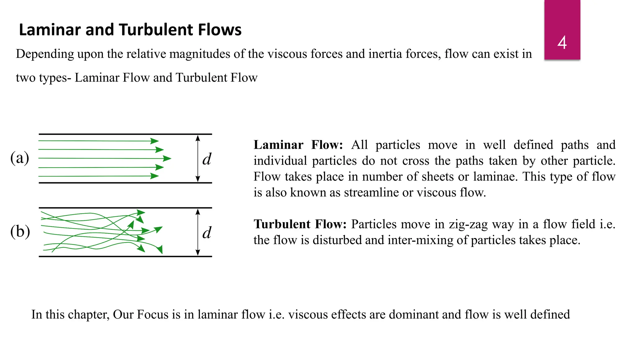 Laminar and Turbulent Flows
Depending upon the relative magnitudes of the viscous forces and inertia forces, flow can exist in
two types- Laminar Flow and Turbulent Flow
Laminar Flow: All particles move in well defined paths and
individual particles do not cross the paths taken by other particle.
Flow takes place in number of sheets or laminae. This type of flow
is also known as streamline or viscous flow.
Turbulent Flow: Particles move in zig-zag way in a flow field i.e.
the flow is disturbed and inter-mixing of particles takes place.
4
In this chapter, Our Focus is in laminar flow i.e. viscous effects are dominant and flow is well defined
 