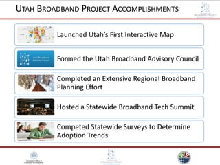 UTAH BROADBAND PROJECT ACCOMPLISHMENTS
Launched Utah’s First Interactive Map
Formed the Utah Broadband Advisory Council
Completed an Extensive Regional Broadband
Planning Effort
Hosted a Statewide Broadband Tech Summit
Competed Statewide Surveys to Determine
Adoption Trends
 