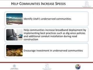 Identify Utah’s underserved communities
Help communities increase broadband deployment by
implementing best practices such as dig-once policies
and additional conduit installation during road
construction
Encourage investment in underserved communities
HELP COMMUNITIES INCREASE SPEEDS
 