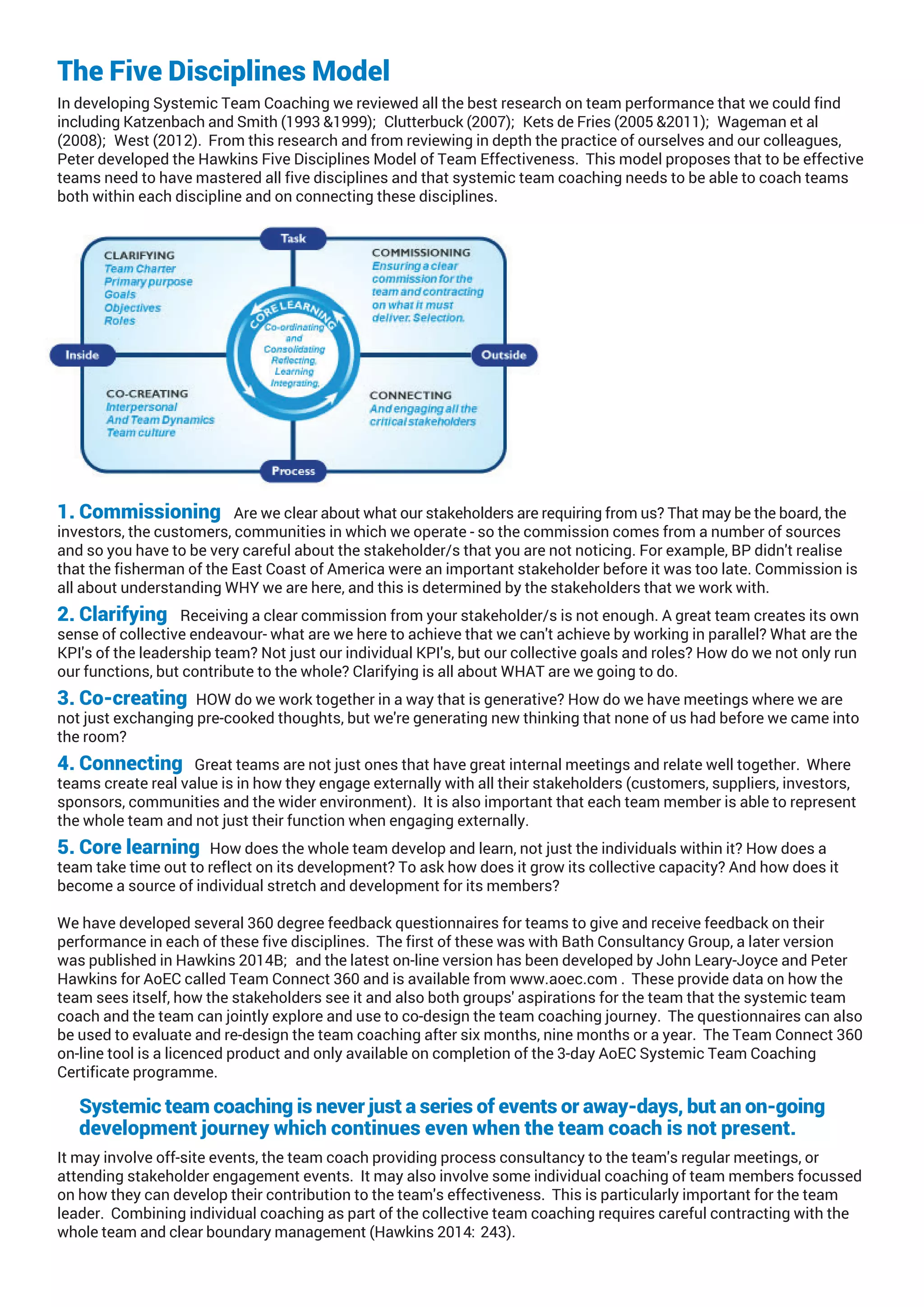 The Five Disciplines Model
In developing Systemic Team Coaching we reviewed all the best research on team performance that we could find
including Katzenbach and Smith (1993 &1999); Clutterbuck (2007); Kets de Fries (2005 &2011); Wageman et al
(2008); West (2012). From this research and from reviewing in depth the practice of ourselves and our colleagues,
Peter developed the Hawkins Five Disciplines Model of Team Effectiveness. This model proposes that to be effective
teams need to have mastered all five disciplines and that systemic team coaching needs to be able to coach teams
both within each discipline and on connecting these disciplines.
1. Commissioning Are we clear about what our stakeholders are requiring from us? That may be the board, the
investors, the customers, communities in which we operate - so the commission comes from a number of sources
and so you have to be very careful about the stakeholder/s that you are not noticing. For example, BP didn't realise
that the fisherman of the East Coast of America were an important stakeholder before it was too late. Commission is
all about understanding WHY we are here, and this is determined by the stakeholders that we work with.
2. Clarifying Receiving a clear commission from your stakeholder/s is not enough. A great team creates its own
sense of collective endeavour- what are we here to achieve that we can't achieve by working in parallel? What are the
KPI's of the leadership team? Not just our individual KPI's, but our collective goals and roles? How do we not only run
our functions, but contribute to the whole? Clarifying is all about WHAT are we going to do.
3. Co-creating HOW do we work together in a way that is generative? How do we have meetings where we are
not just exchanging pre-cooked thoughts, but we're generating new thinking that none of us had before we came into
the room?
4. Connecting Great teams are not just ones that have great internal meetings and relate well together. Where
teams create real value is in how they engage externally with all their stakeholders (customers, suppliers, investors,
sponsors, communities and the wider environment). It is also important that each team member is able to represent
the whole team and not just their function when engaging externally.
5. Core learning How does the whole team develop and learn, not just the individuals within it? How does a
team take time out to reflect on its development? To ask how does it grow its collective capacity? And how does it
become a source of individual stretch and development for its members?
We have developed several 360 degree feedback questionnaires for teams to give and receive feedback on their
performance in each of these five disciplines. The first of these was with Bath Consultancy Group, a later version
was published in Hawkins 2014B; and the latest on-line version has been developed by John Leary-Joyce and Peter
Hawkins for AoEC called Team Connect 360 and is available from www.aoec.com . These provide data on how the
team sees itself, how the stakeholders see it and also both groups' aspirations for the team that the systemic team
coach and the team can jointly explore and use to co-design the team coaching journey. The questionnaires can also
be used to evaluate and re-design the team coaching after six months, nine months or a year. The Team Connect 360
on-line tool is a licenced product and only available on completion of the 3-day AoEC Systemic Team Coaching
Certificate programme.
Systemic team coaching is never just a series of events or away-days, but an on-going
development journey which continues even when the team coach is not present.
It may involve off-site events, the team coach providing process consultancy to the team's regular meetings, or
attending stakeholder engagement events. It may also involve some individual coaching of team members focussed
on how they can develop their contribution to the team's effectiveness. This is particularly important for the team
leader. Combining individual coaching as part of the collective team coaching requires careful contracting with the
whole team and clear boundary management (Hawkins 2014:243).
 