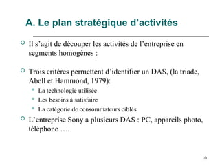 10
A. Le plan stratégique d’activités
 Il s’agit de découper les activités de l’entreprise en
segments homogènes :
 Trois critères permettent d’identifier un DAS, (la triade,
Abell et Hammond, 1979):
 La technologie utilisée
 Les besoins à satisfaire
 La catégorie de consommateurs ciblés
 L’entreprise Sony a plusieurs DAS : PC, appareils photo,
téléphone ….
 